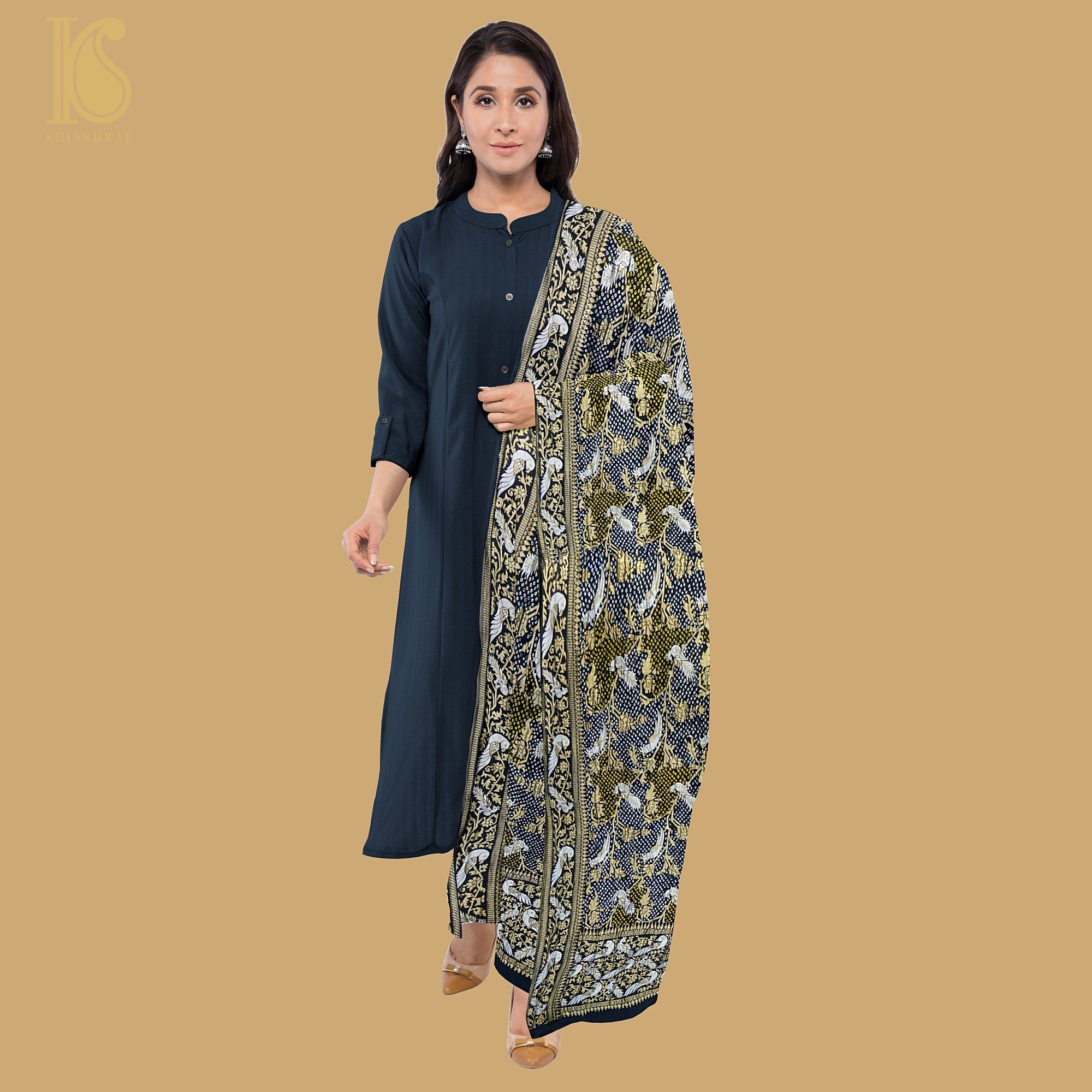 Birds of Paradise - Black Georgette Handloom Bandhani Banarasi Dupatta - Khinkhwab