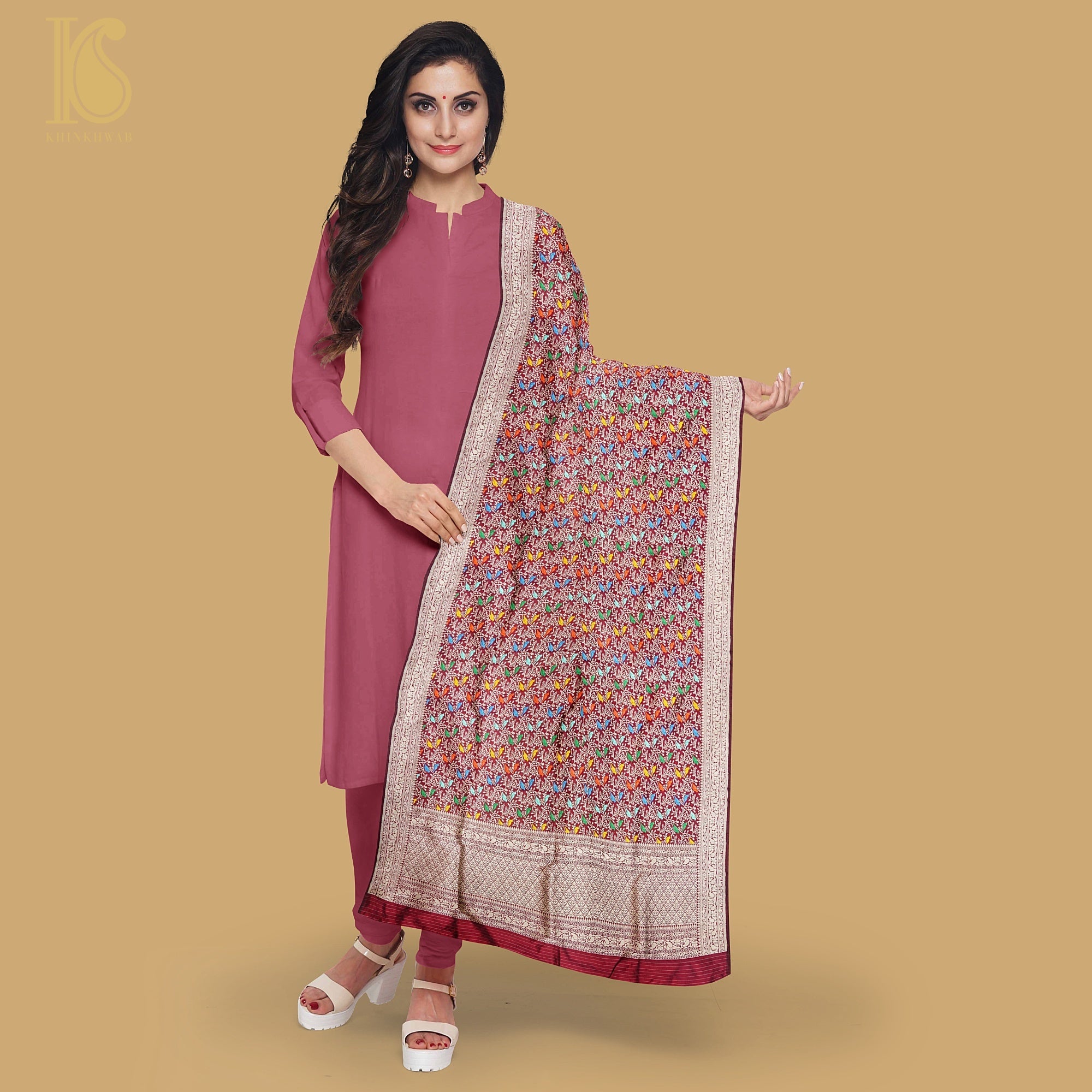 Preorder : Mandy Red Handloom Pure Katan Silk Pink Banarasi Chidiya Dupatta - Khinkhwab