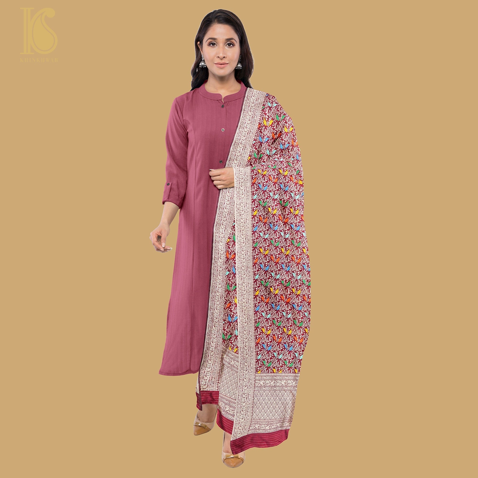 Preorder : Mandy Red Handloom Pure Katan Silk Pink Banarasi Chidiya Dupatta - Khinkhwab