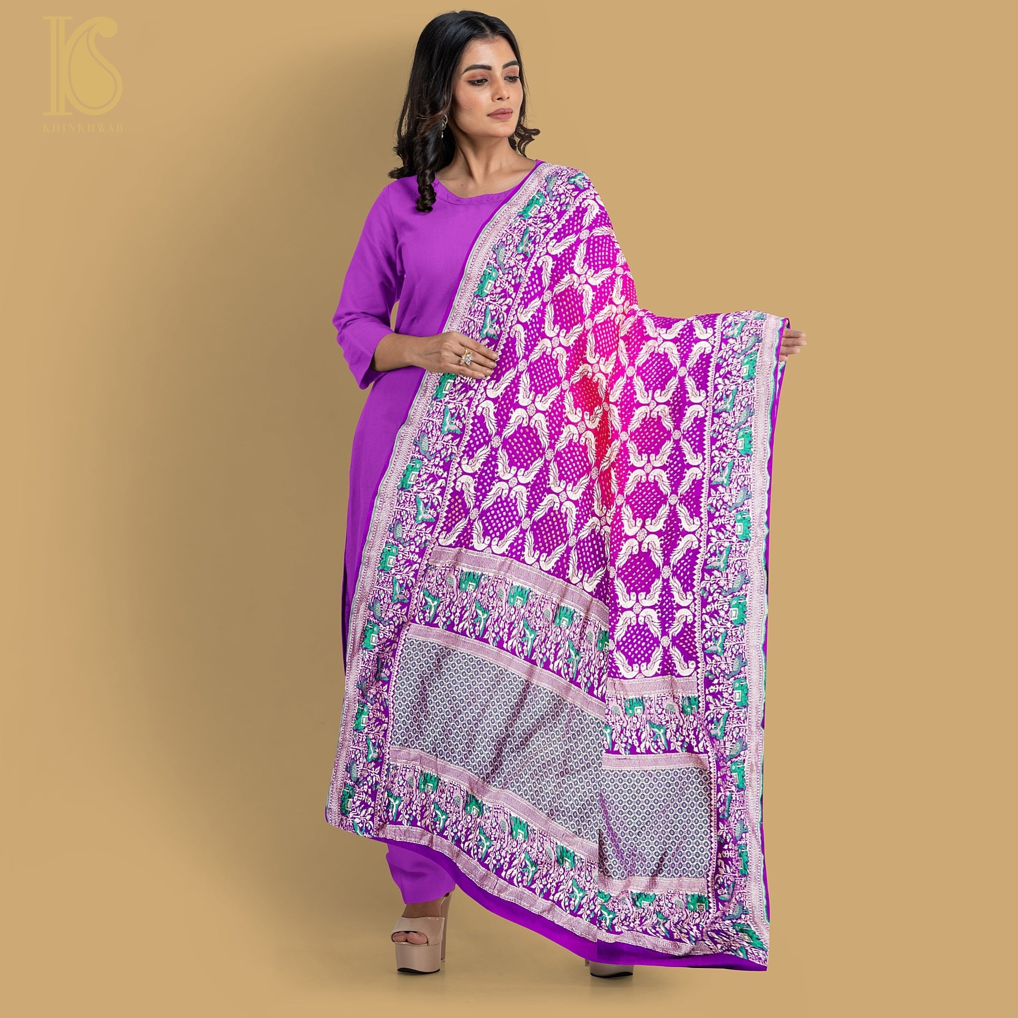 Purple & Pink Georgette Handloom Bandhani Banarasi Dupatta - Khinkhwab