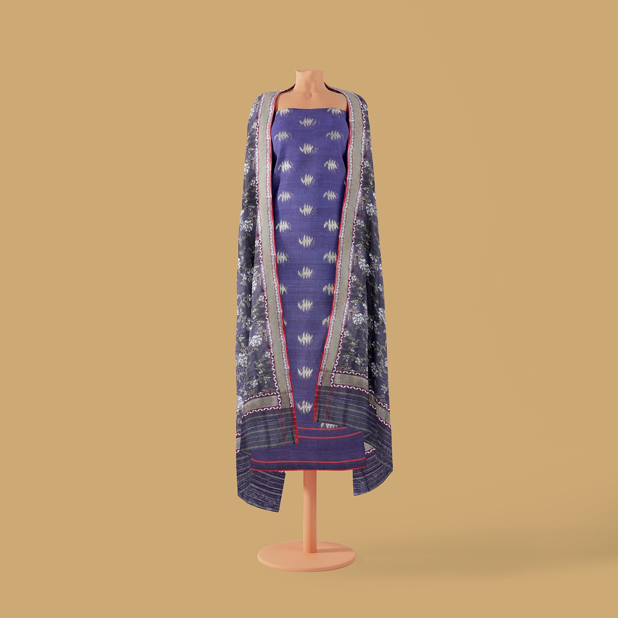Blue Handloom Pure Cotton Banarasi Jamdani Ektara Suit Fabric Set - Khinkhwab