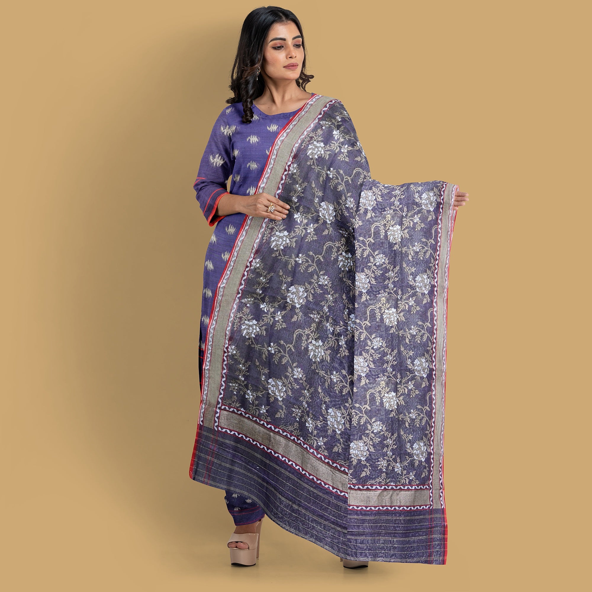 Blue Handloom Pure Cotton Banarasi Jamdani Ektara Suit Fabric Set - Khinkhwab