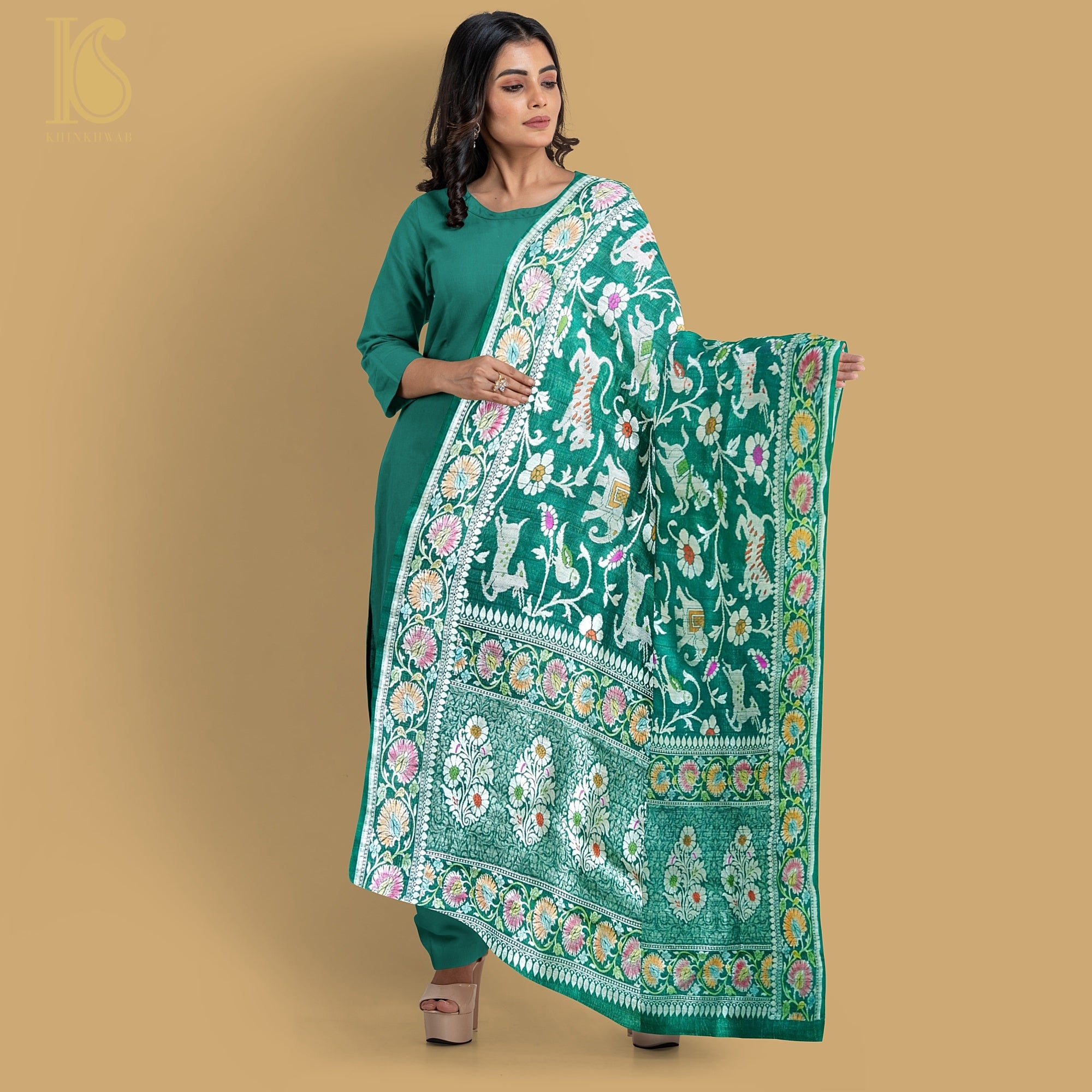Preorder : Evening Sea Green Pure Tussar Silk Handloom Banarasi Shikargah Dupatta - Khinkhwab