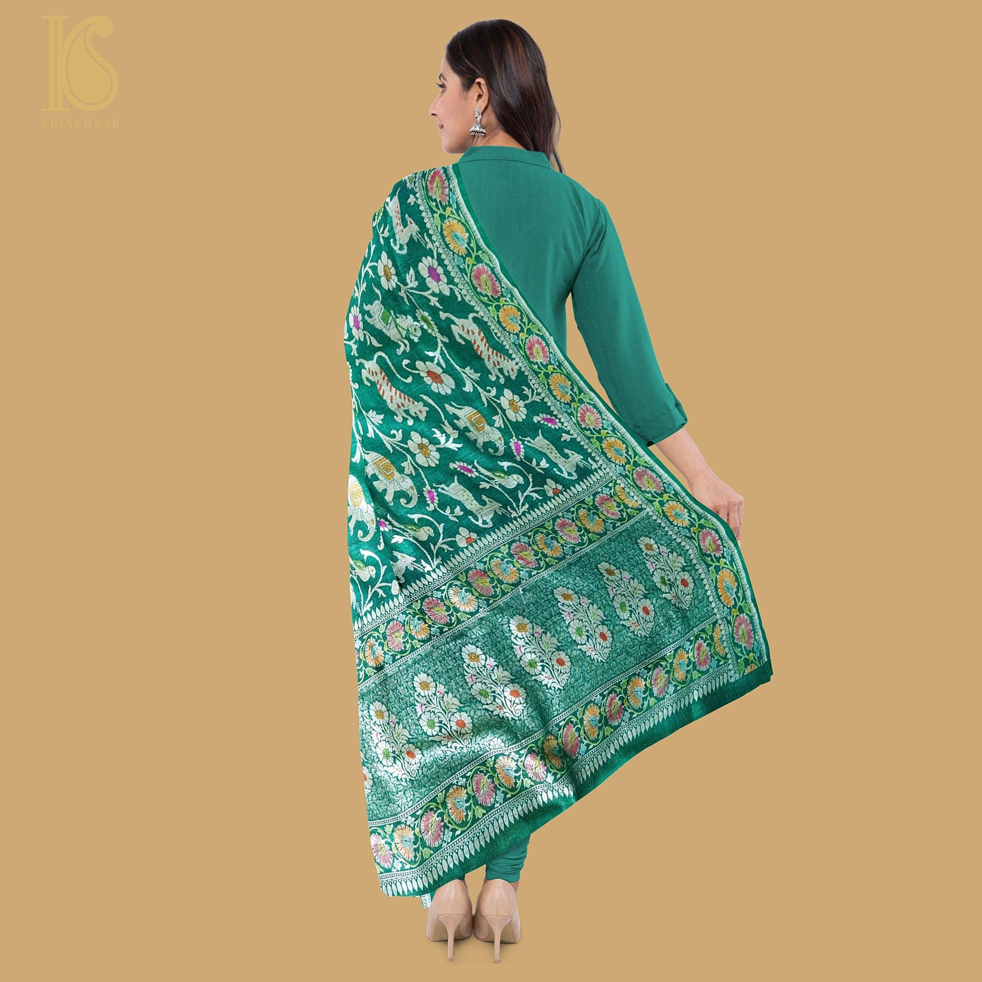 Preorder : Evening Sea Green Pure Tussar Silk Handloom Banarasi Shikargah Dupatta - Khinkhwab