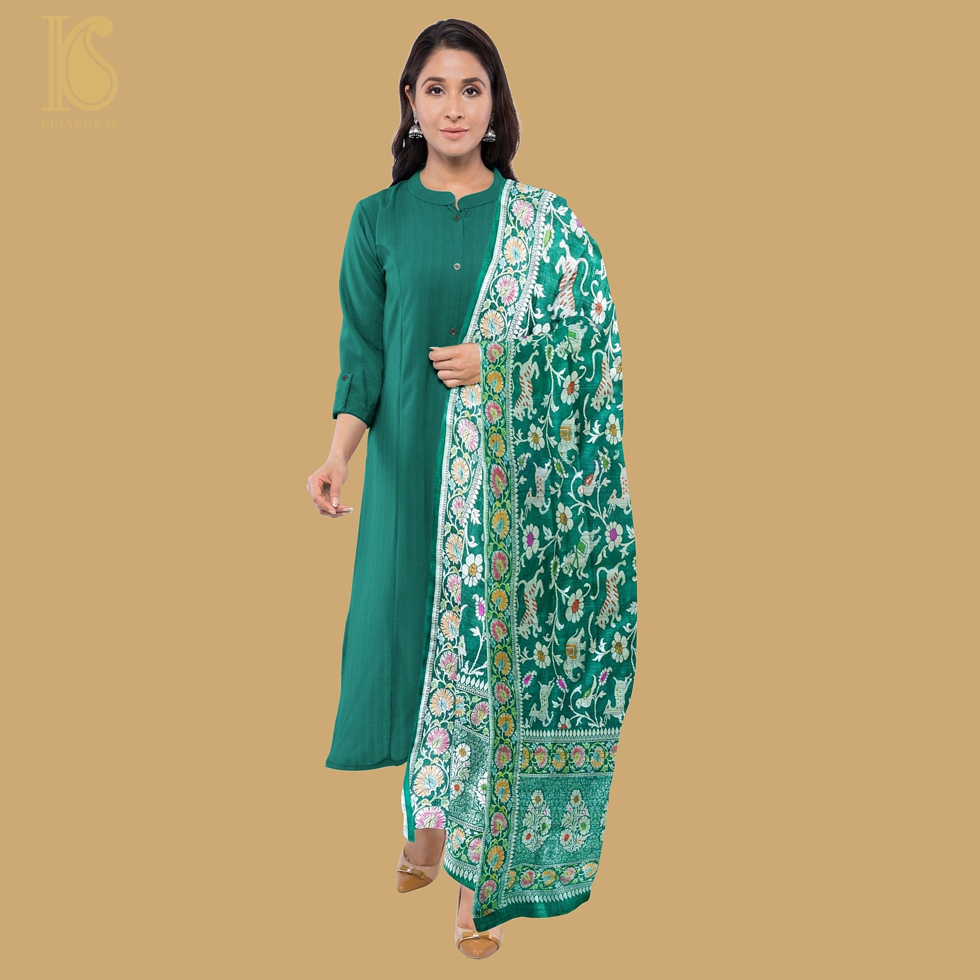 Preorder : Evening Sea Green Pure Tussar Silk Handloom Banarasi Shikargah Dupatta - Khinkhwab