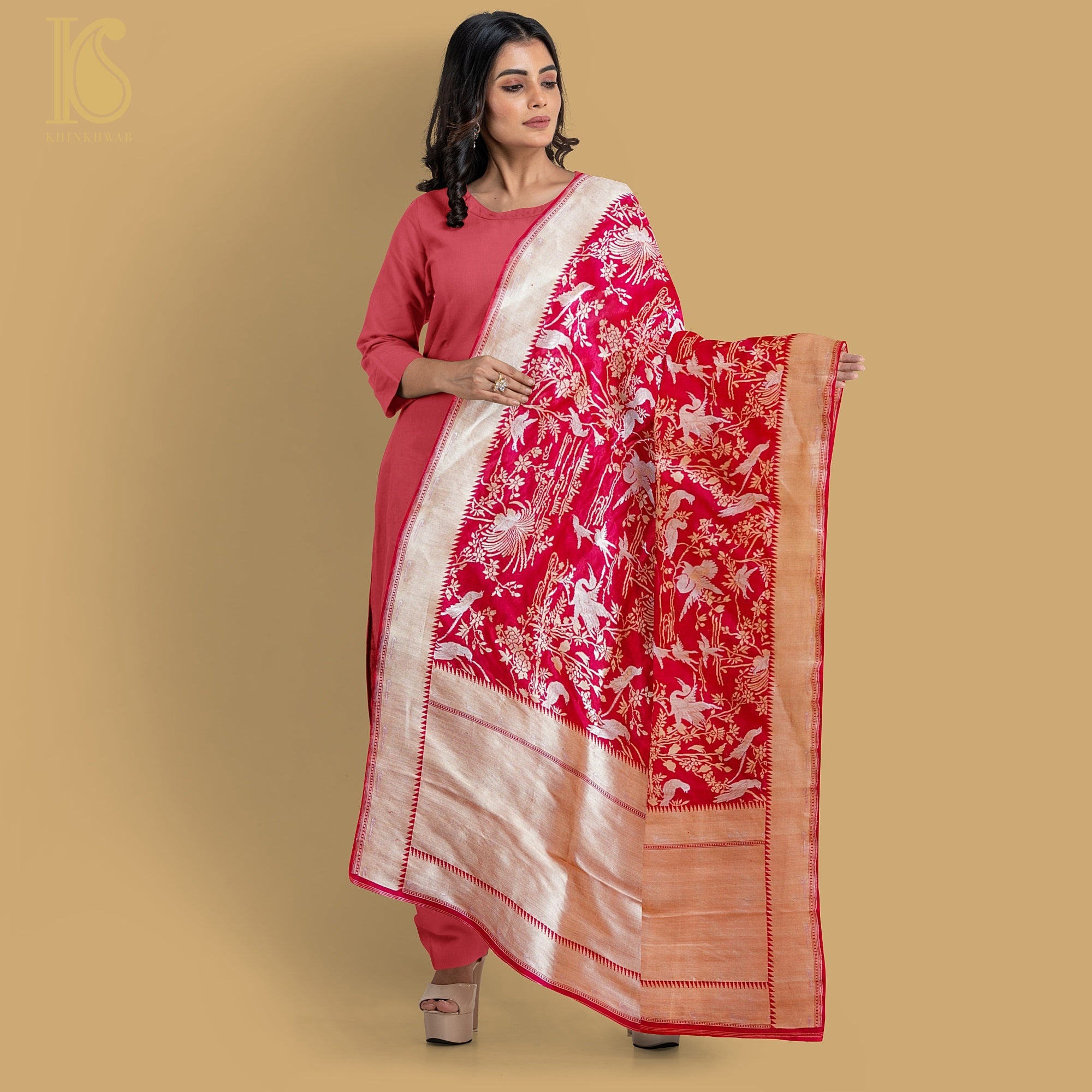 Venetian Red Pure Katan Silk Handwoven Banarasi Shikargah Dupatta - Khinkhwab