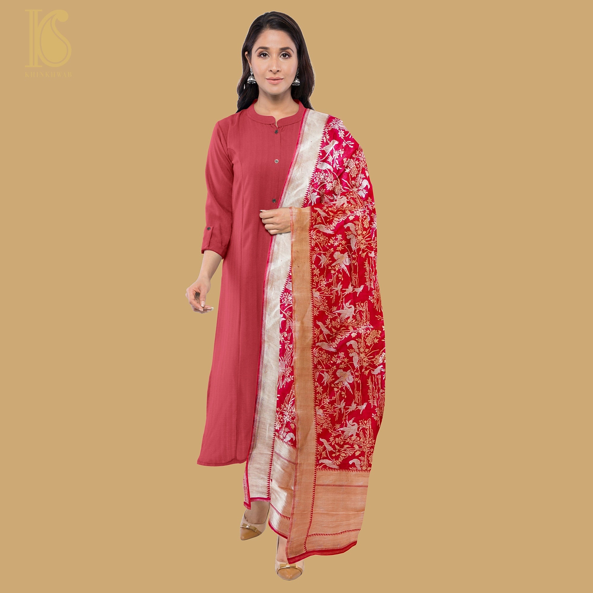 Venetian Red Pure Katan Silk Handwoven Banarasi Shikargah Dupatta - Khinkhwab