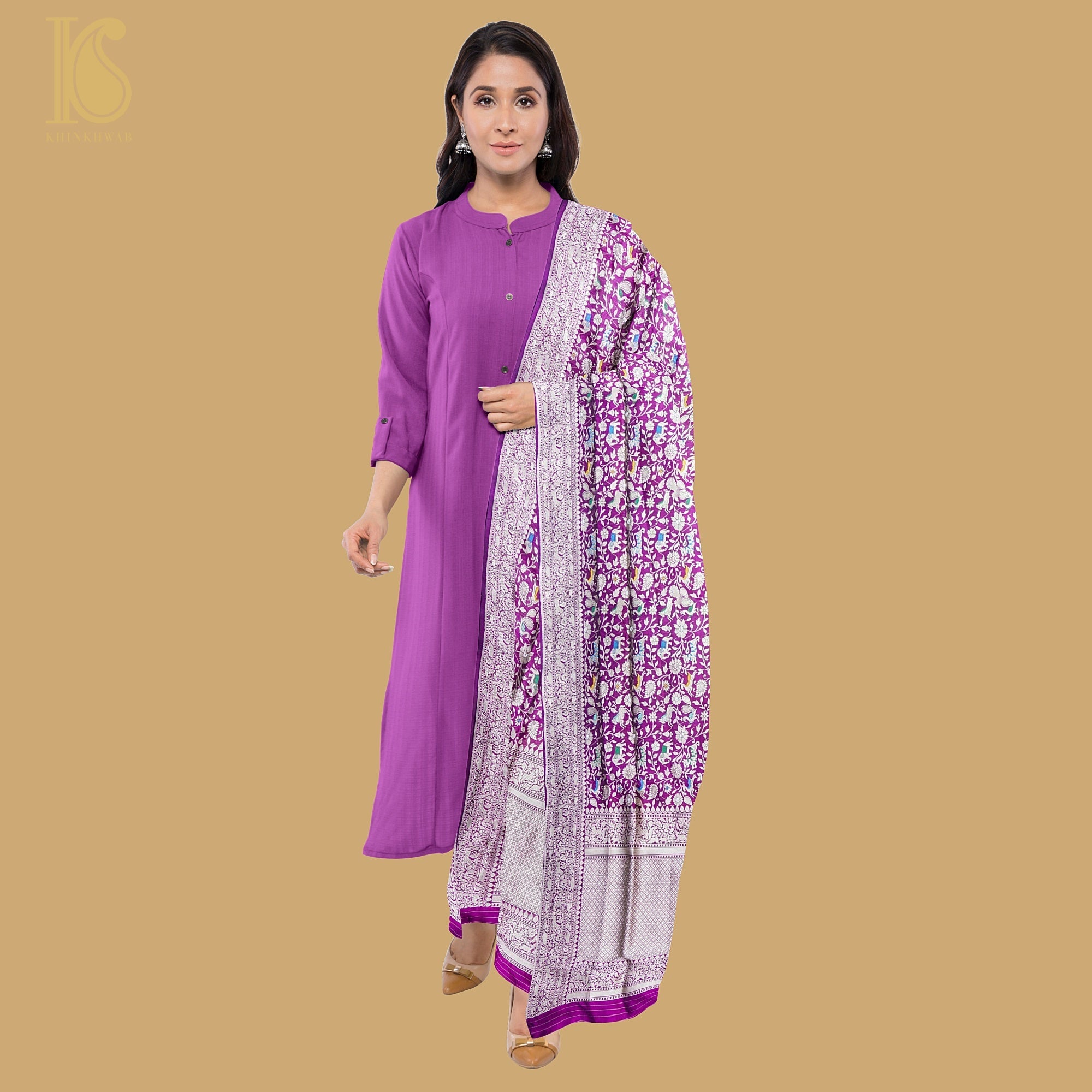 Violet Blue Pure Katan Silk Handwoven Banarasi Shikargah Dupatta - Khinkhwab