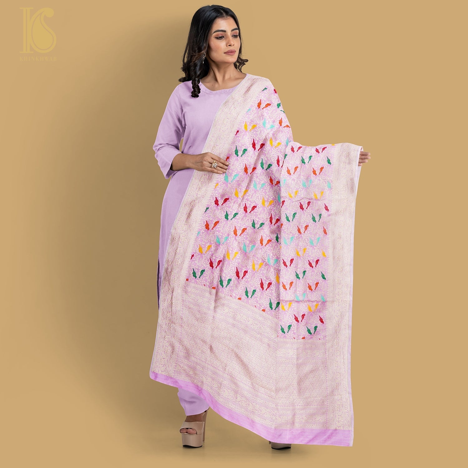 Preorder - Baby Pink Handloom Pure Katan Silk Pink Banarasi Chidiya Dupatta - Khinkhwab