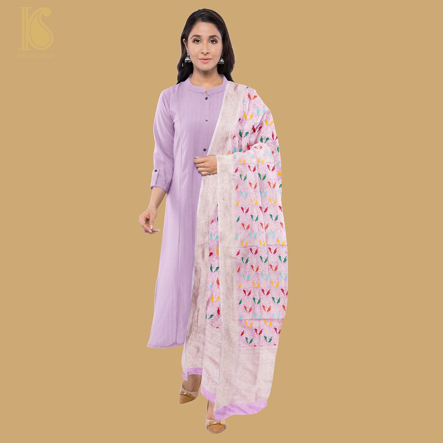 Preorder - Baby Pink Handloom Pure Katan Silk Pink Banarasi Chidiya Dupatta - Khinkhwab