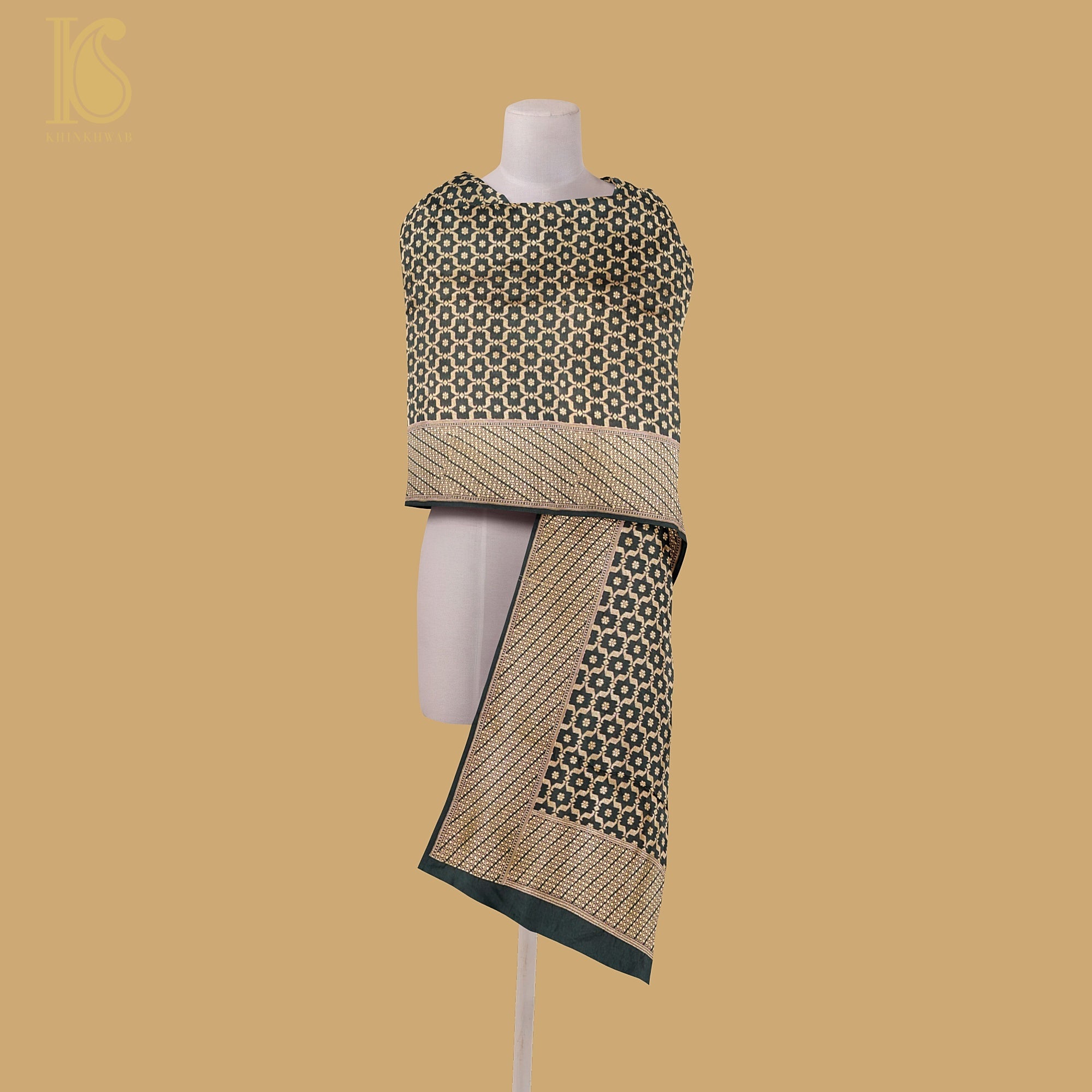 Black Pure Katan Silk Handloom Banarasi Dupatta - Khinkhwab