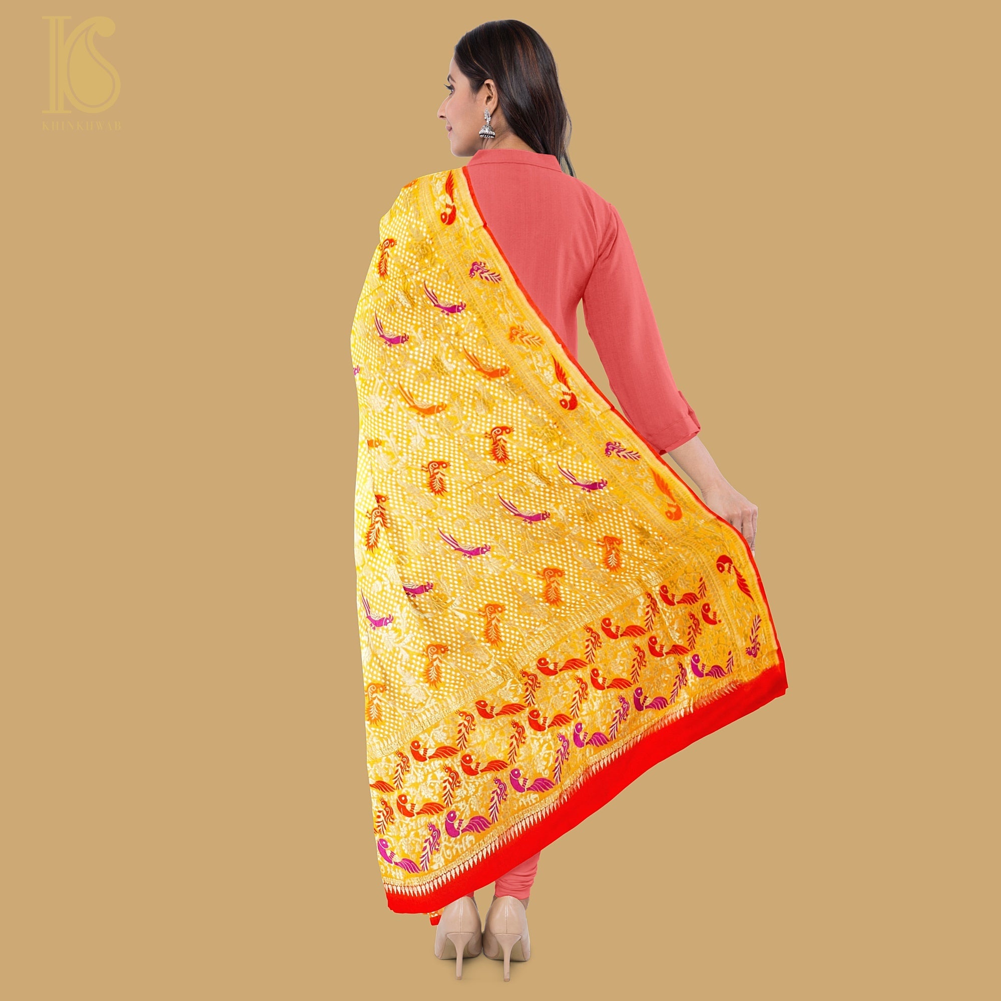 Birds of Paradise : Sunglow Yellow Pure Georgette Handloom Banarasi Dupatta - Khinkhwab