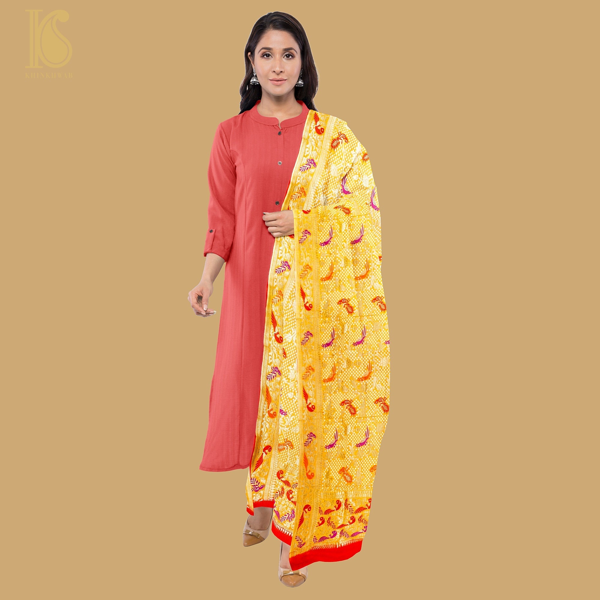 Birds of Paradise : Sunglow Yellow Pure Georgette Handloom Banarasi Dupatta - Khinkhwab
