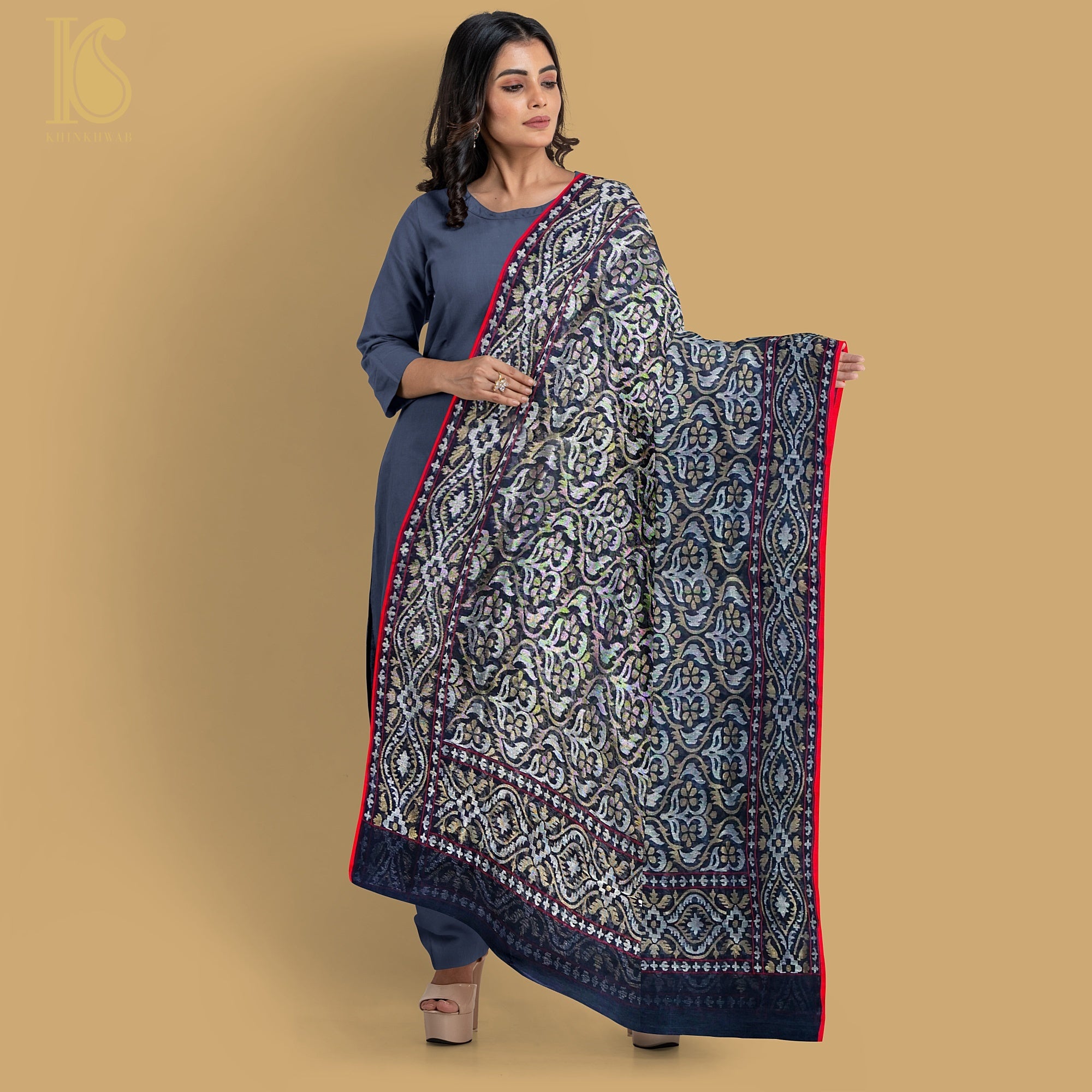 Neelambari Pure Cotton Real Silver Zari Handloom Banarasi Dupatta - Khinkhwab
