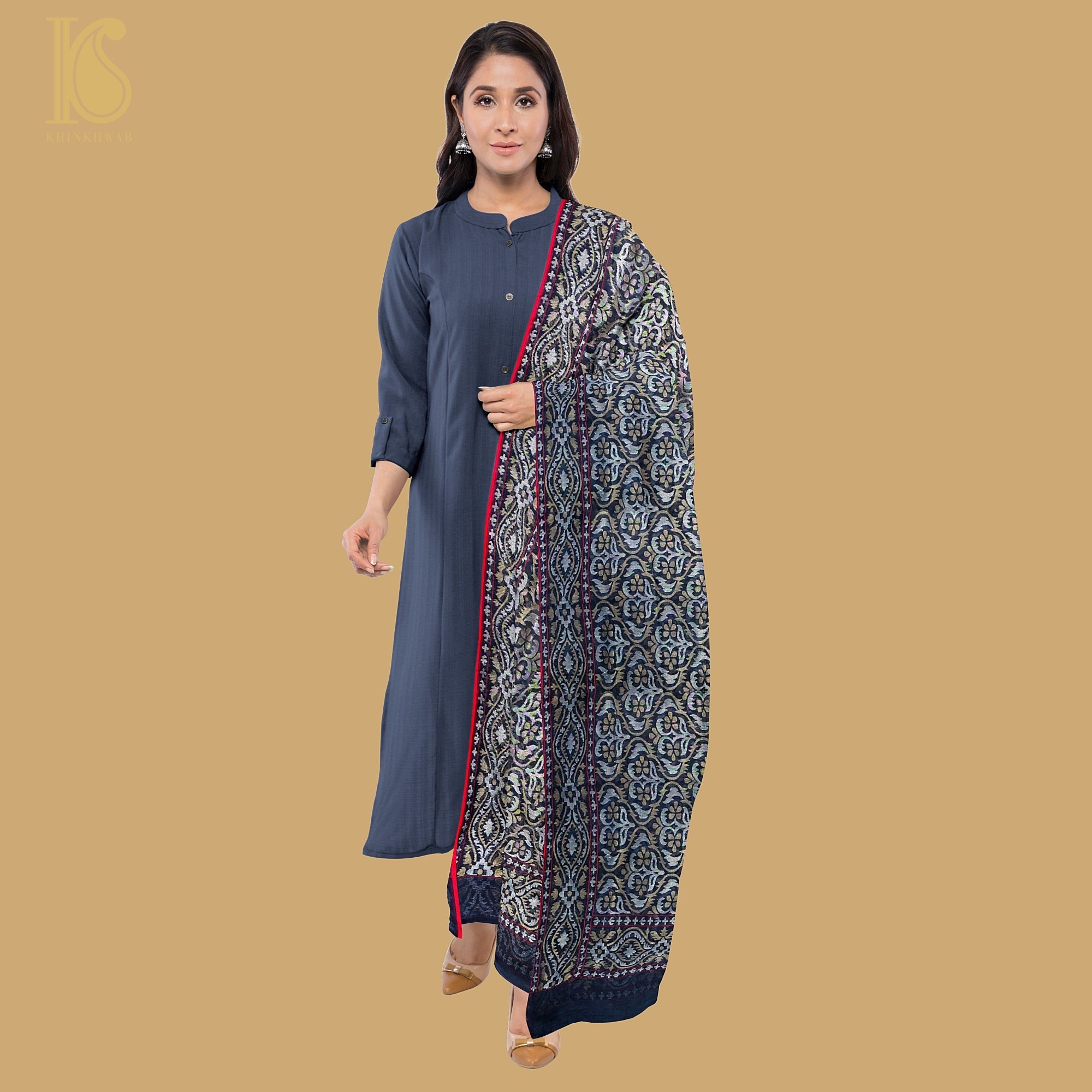 Neelambari Pure Cotton Real Silver Zari Handloom Banarasi Dupatta - Khinkhwab