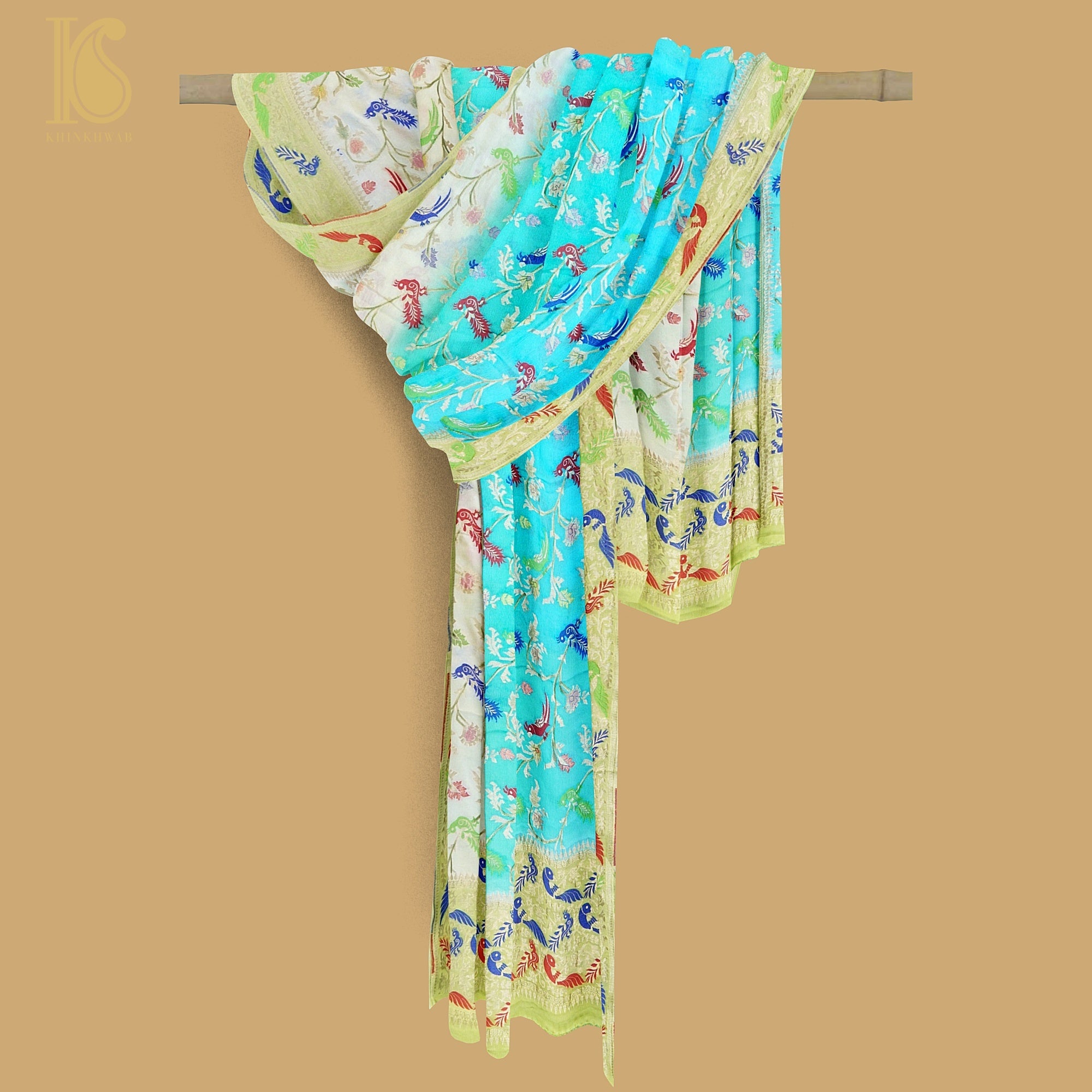Birds of Paradise : Shaded Pure Georgette Banarasi Dupatta - Preorder - Khinkhwab