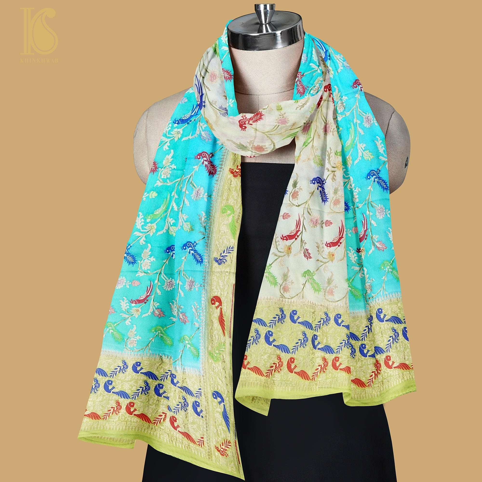 Birds of Paradise : Shaded Pure Georgette Banarasi Dupatta - Preorder - Khinkhwab
