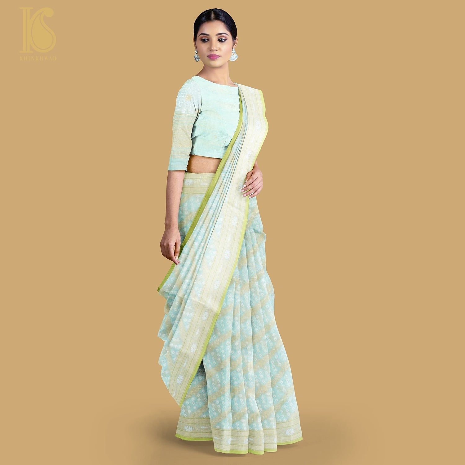 Cruise Blue Pure Cotton Handloom Banarasi Jamdani Ektara Saree - Khinkhwab