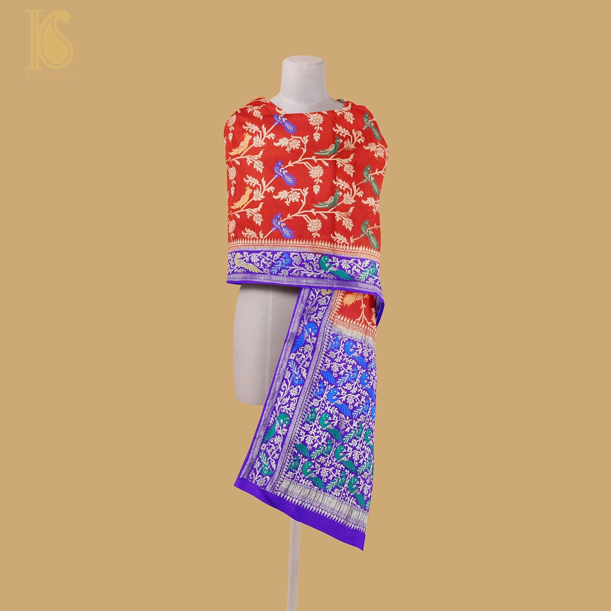 Birds of Paradise : Blue & Red Pure Georgette Banarasi Meenakari Double Border Dupatta - Preorder - Khinkhwab