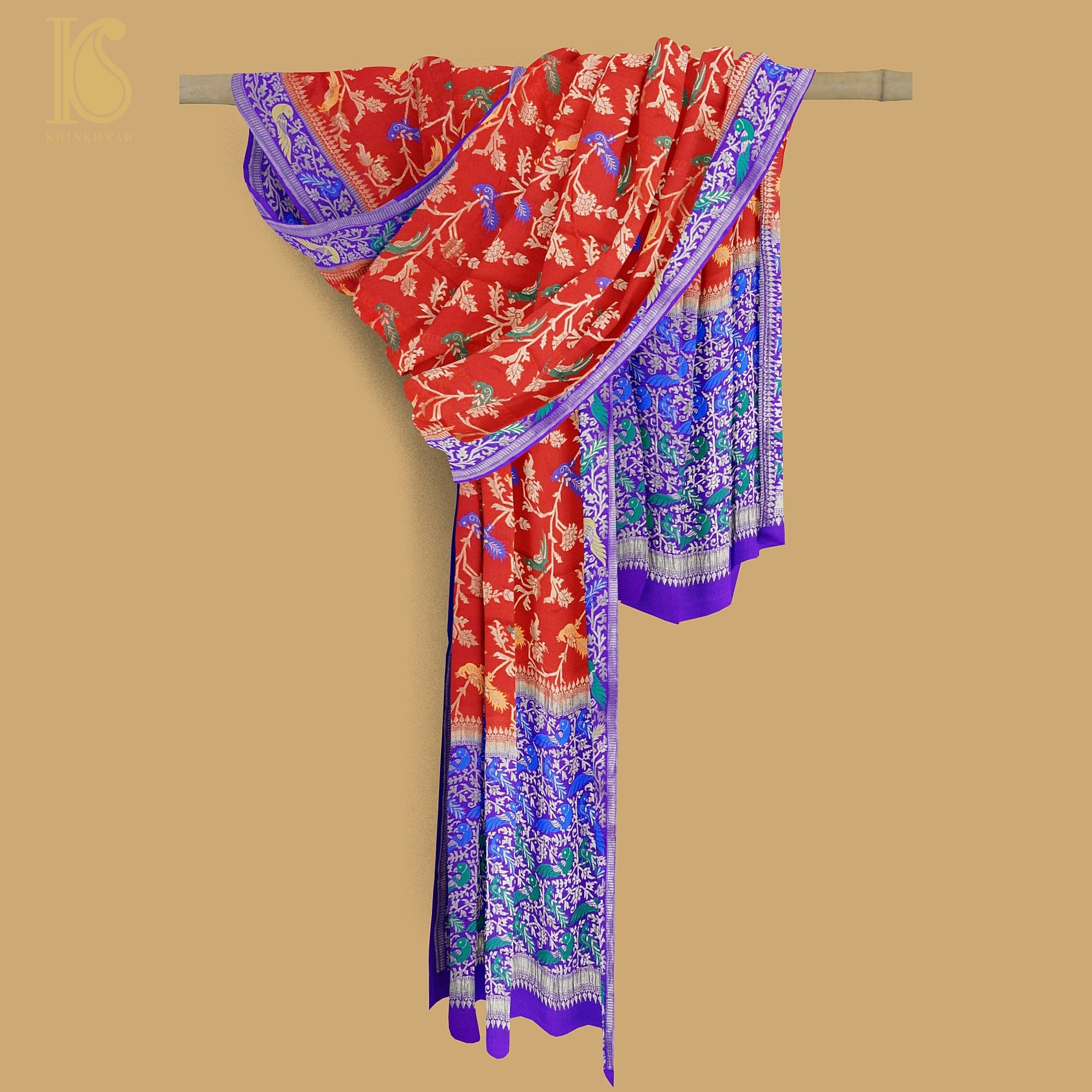 Birds of Paradise : Blue & Red Pure Georgette Banarasi Meenakari Double Border Dupatta - Preorder - Khinkhwab