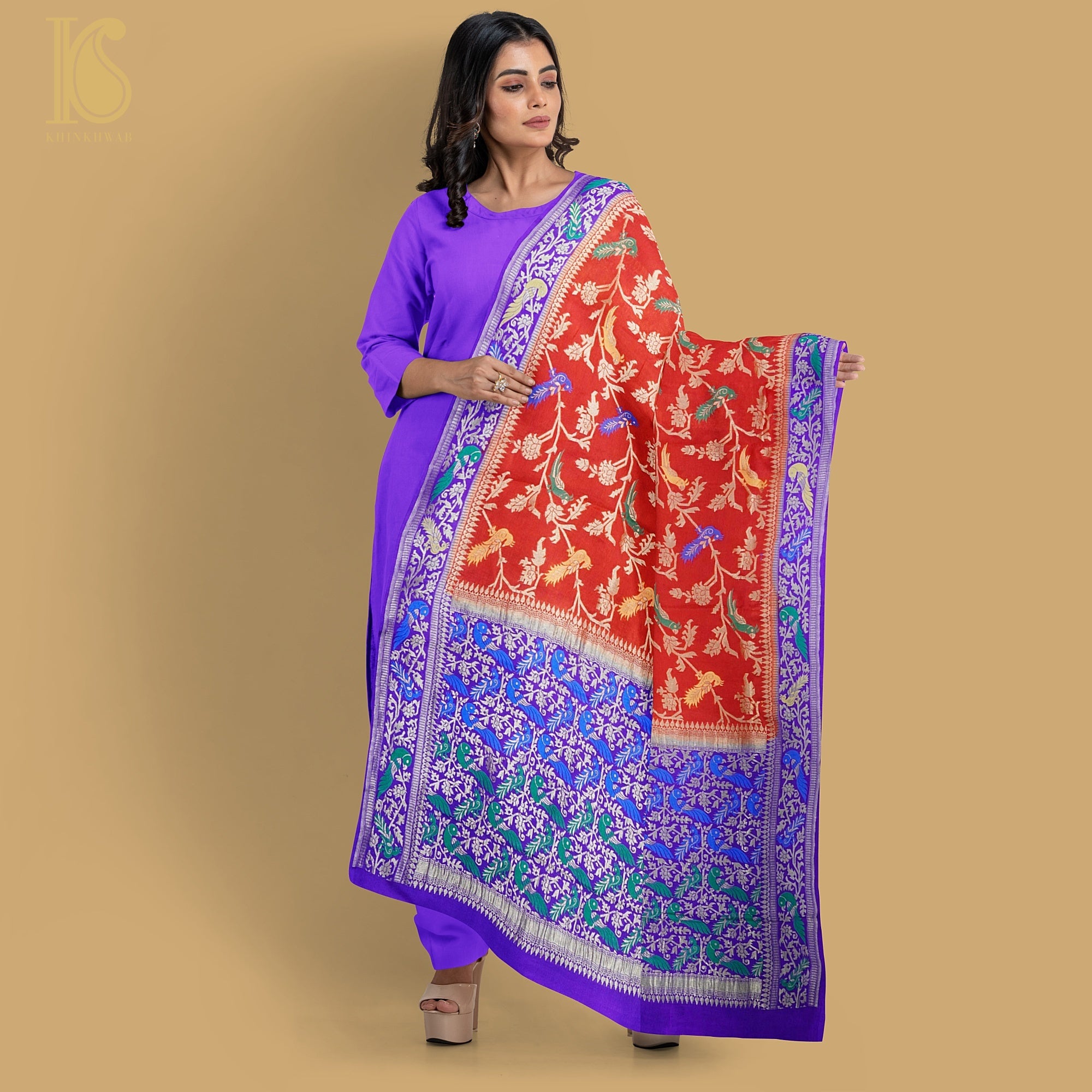 Birds of Paradise : Blue & Red Pure Georgette Banarasi Meenakari Double Border Dupatta - Preorder - Khinkhwab