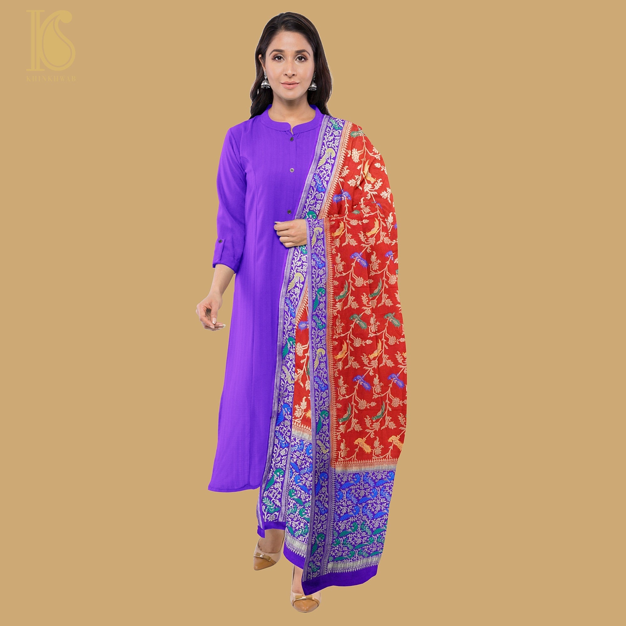 Birds of Paradise : Blue & Red Pure Georgette Banarasi Meenakari Double Border Dupatta - Preorder - Khinkhwab