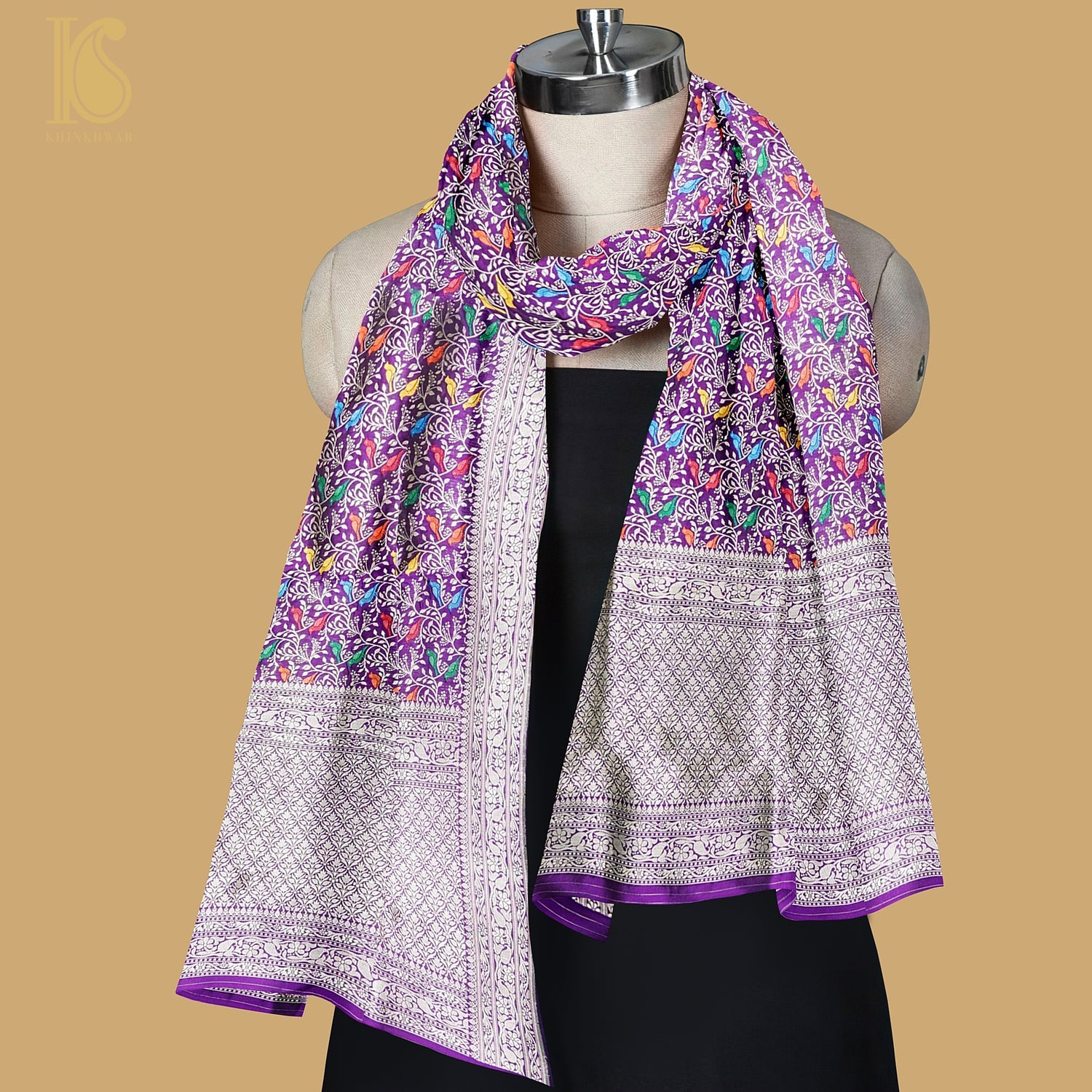 Purple Pure Katan Silk Handwoven Banarasi Jaal Chidiya Dupatta - Preorder - Khinkhwab