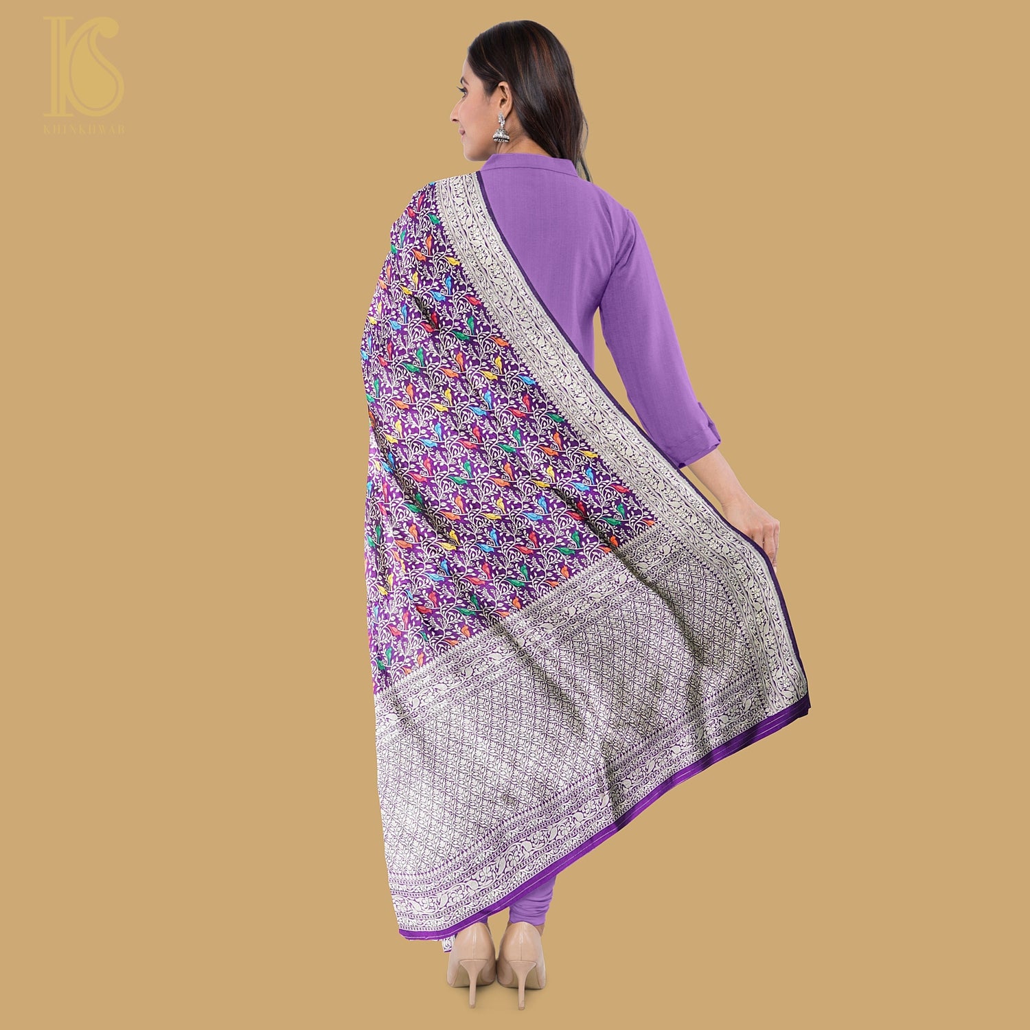 Purple Pure Katan Silk Handwoven Banarasi Jaal Chidiya Dupatta - Preorder - Khinkhwab