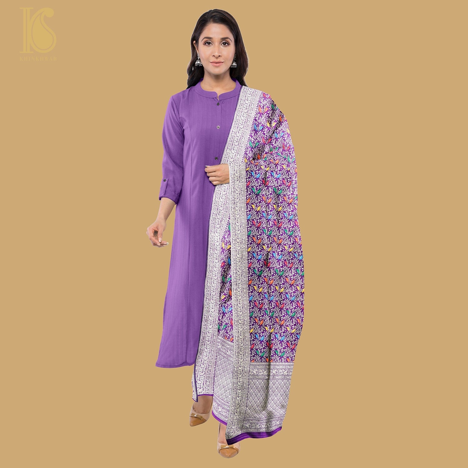 Purple Pure Katan Silk Handwoven Banarasi Jaal Chidiya Dupatta - Preorder - Khinkhwab