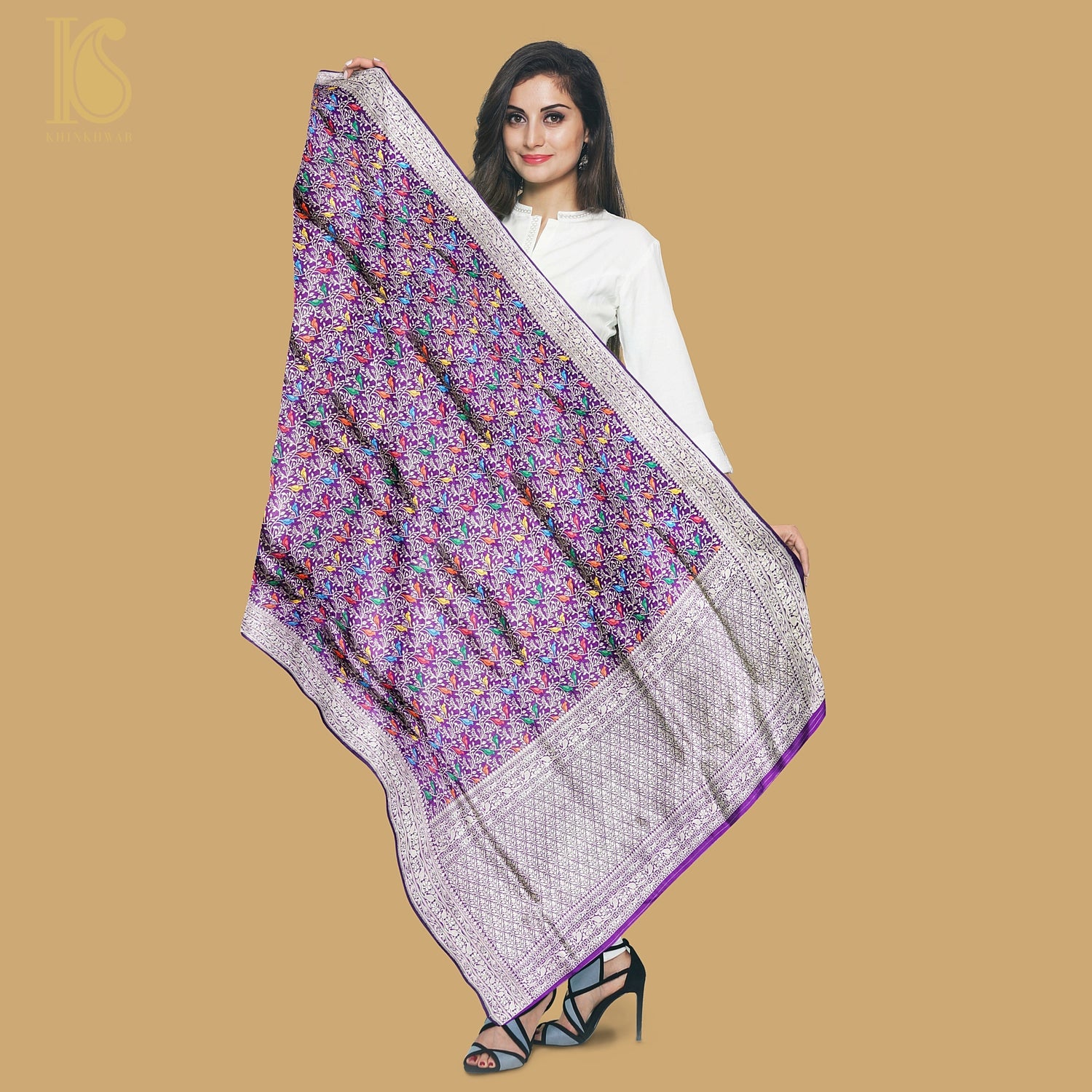 Purple Pure Katan Silk Handwoven Banarasi Jaal Chidiya Dupatta - Preorder - Khinkhwab