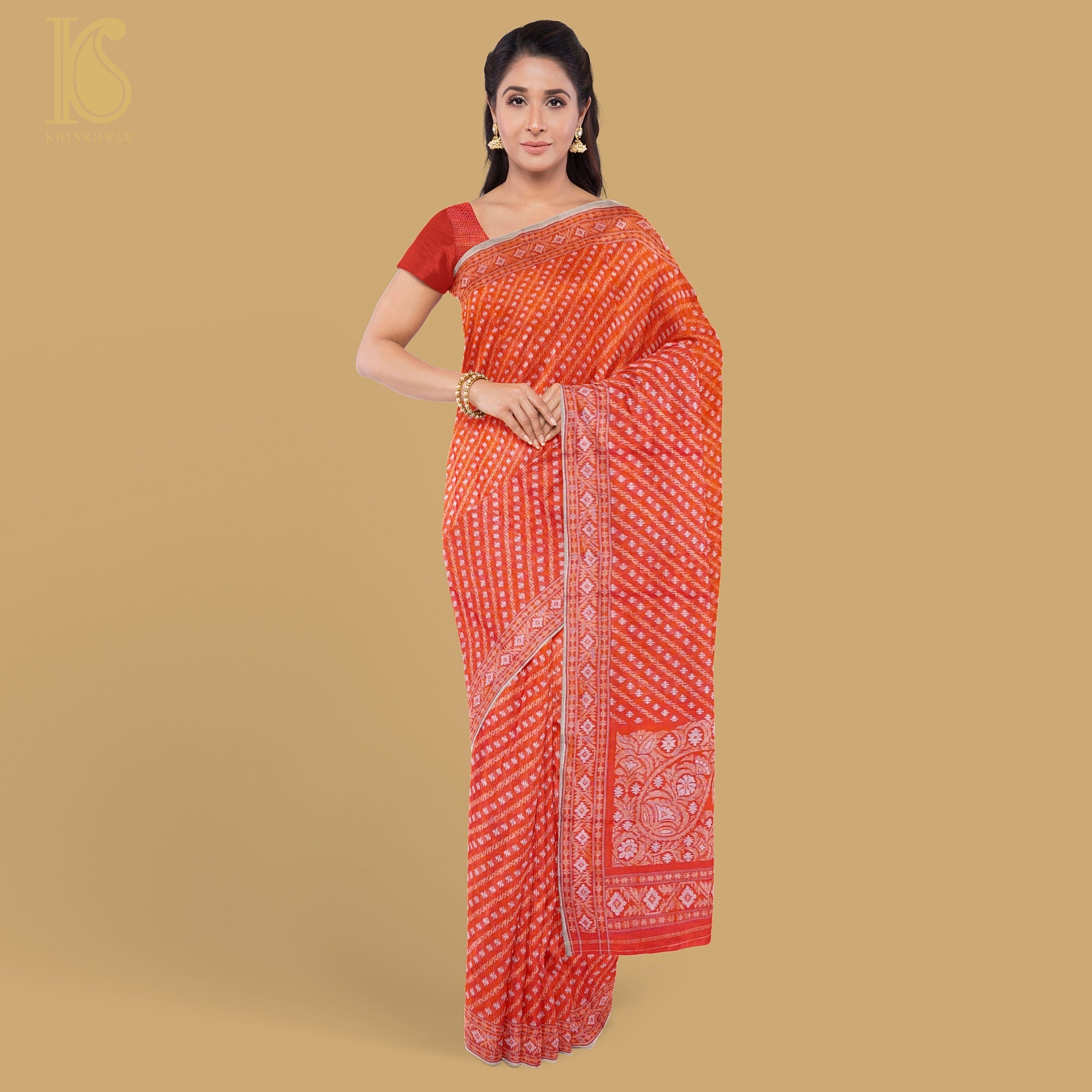 Orange Pure Cotton Handloom Banarasi Jamdani Ektara Saree - Khinkhwab
