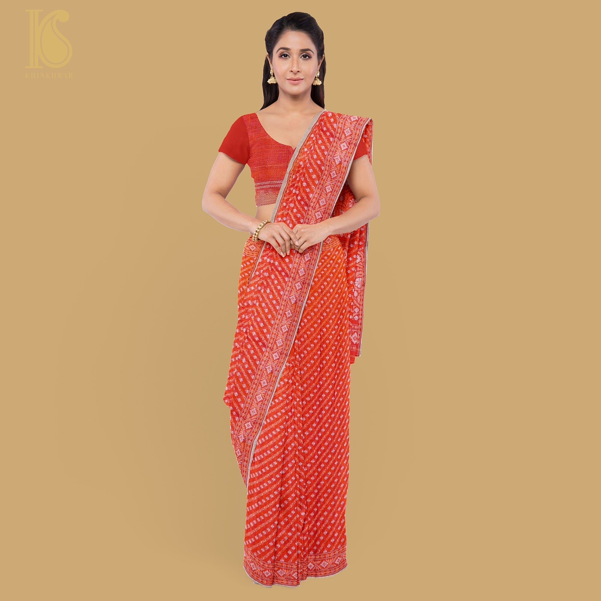 Orange Pure Cotton Handloom Banarasi Jamdani Ektara Saree - Khinkhwab