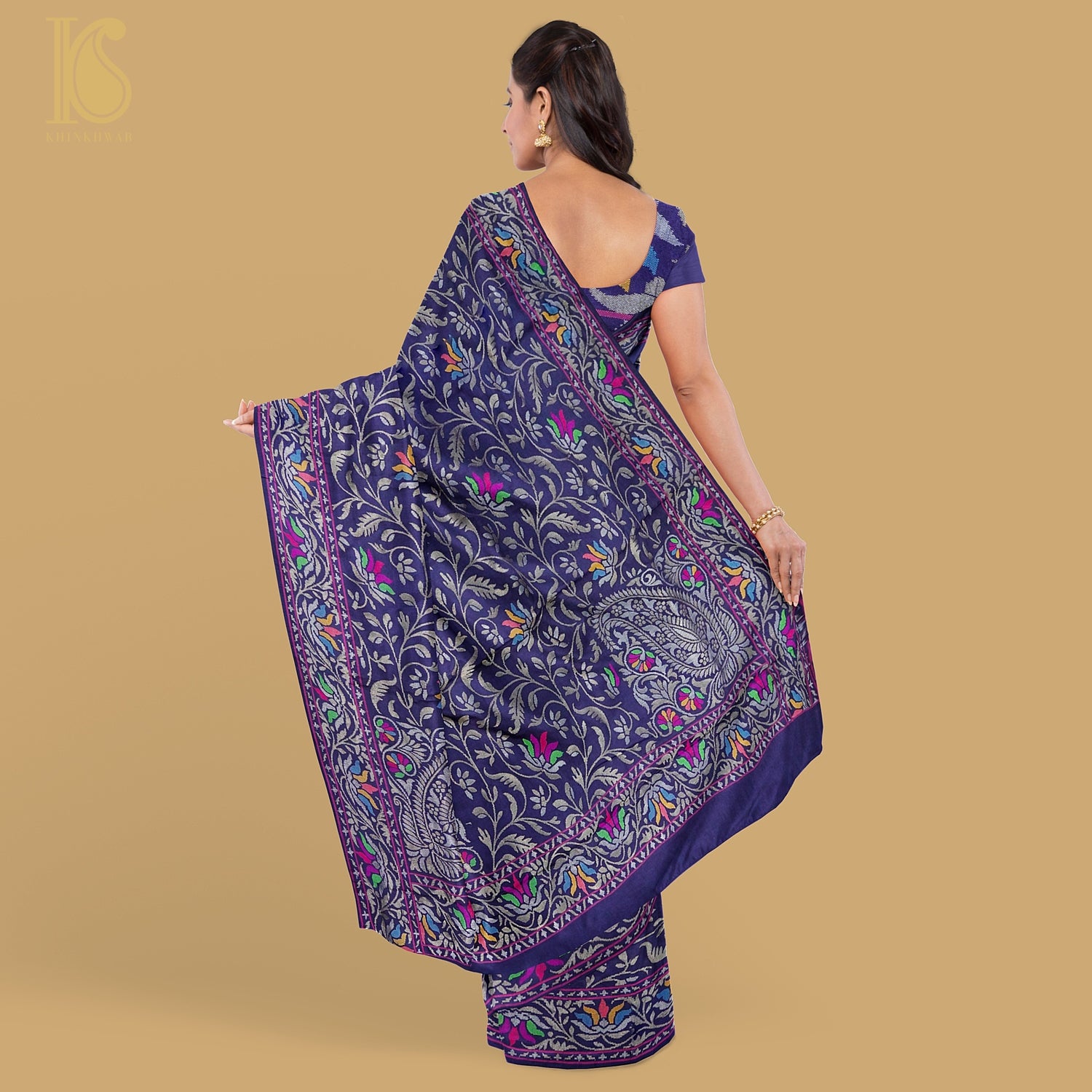 Neelambari Handwoven Pure Silk Real Zari Banarasi Meenakari Jamdani Saree - Khinkhwab