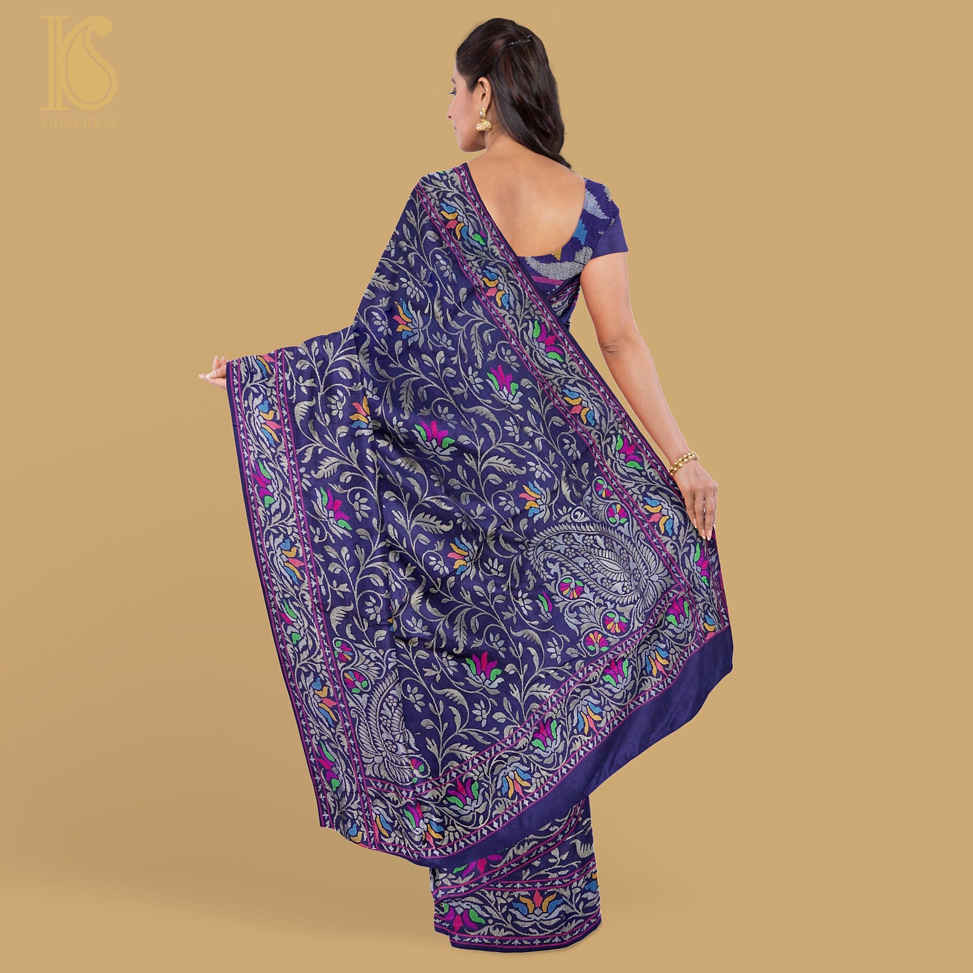 Neelambari Handwoven Pure Silk Real Zari Banarasi Meenakari Jamdani Saree - Khinkhwab