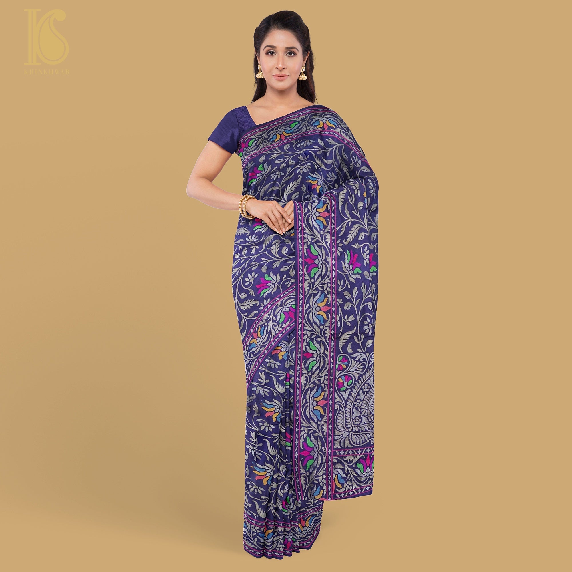 Neelambari Handwoven Pure Silk Real Zari Banarasi Meenakari Jamdani Saree - Khinkhwab