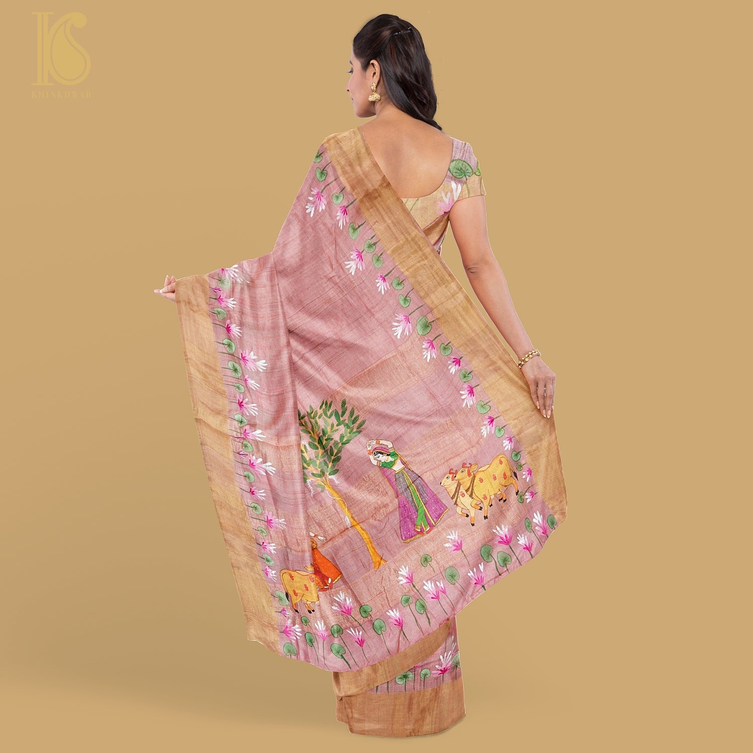 Petite Orchid Ghicha Tussar Banarasi Silk Hand Painted Saree - Khinkhwab