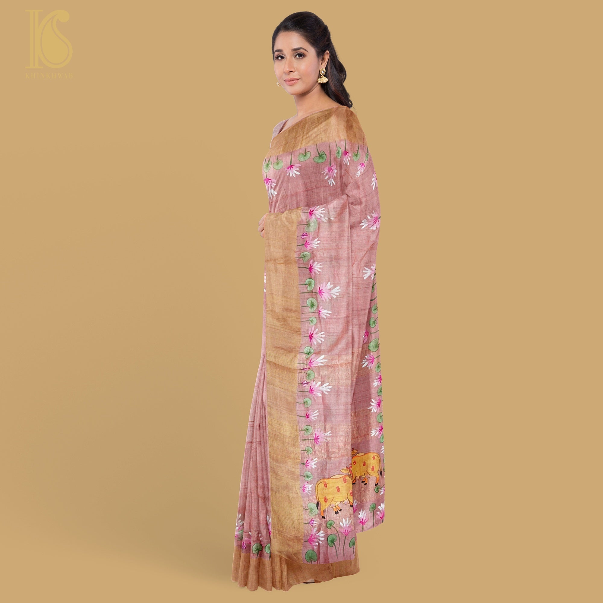 Petite Orchid Ghicha Tussar Banarasi Silk Hand Painted Saree - Khinkhwab