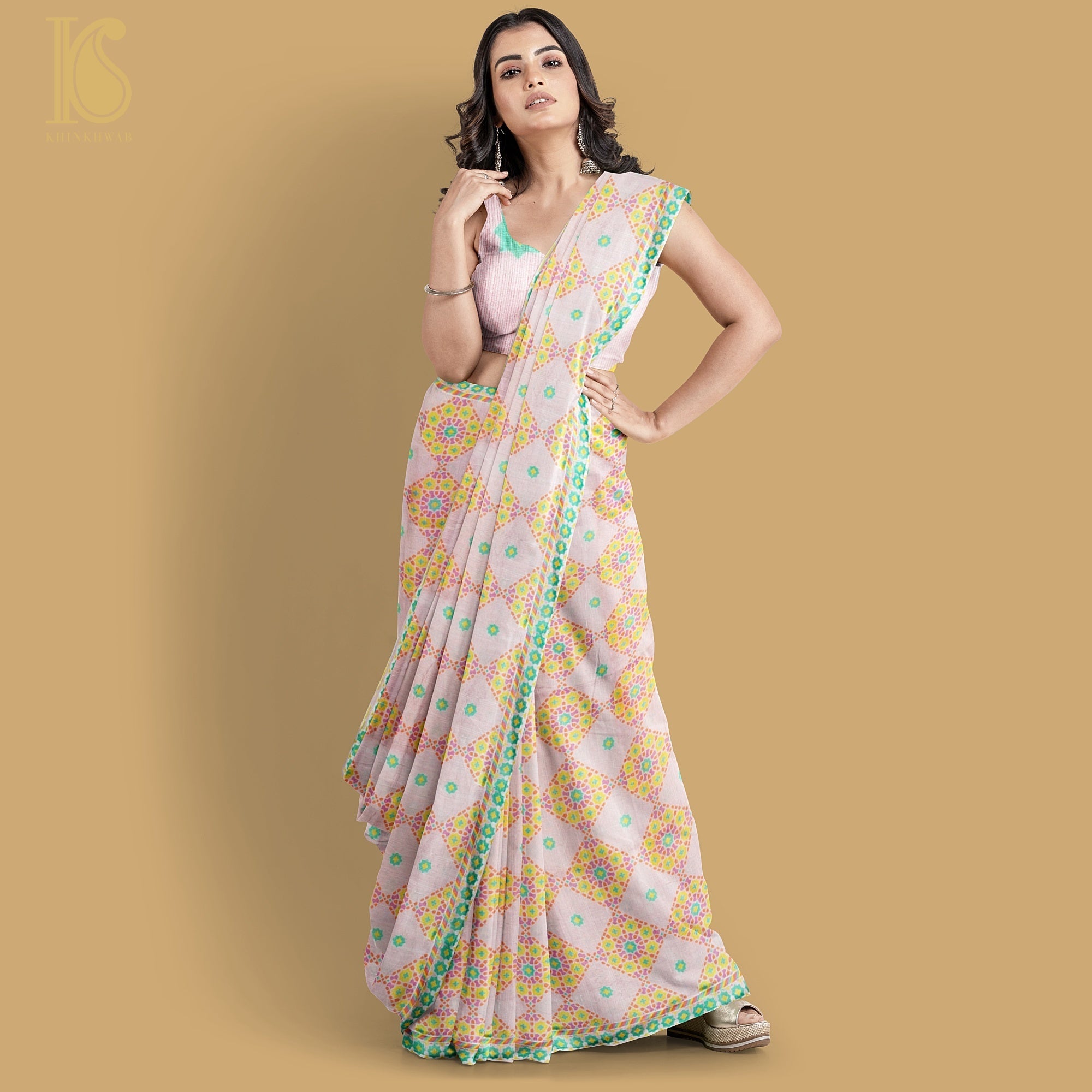 NILUFER -Oyster Pink Pure Raw Silk Print Saree - Khinkhwab