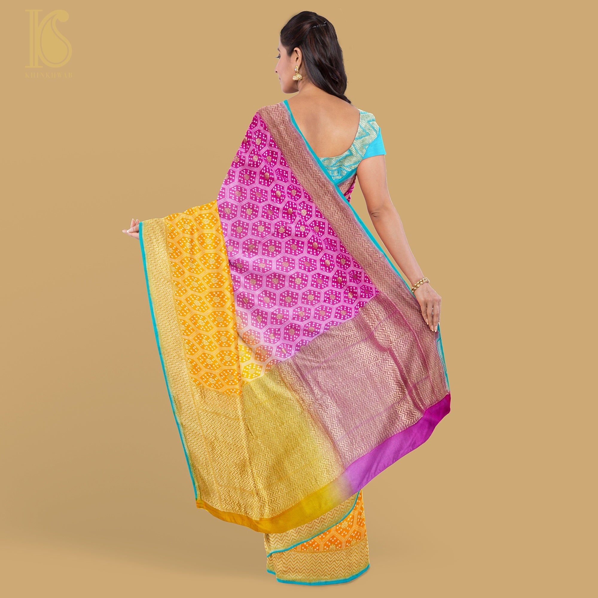 Pink & Yellow Pure Georgette Banarasi Honeycomb Saree - Khinkhwab