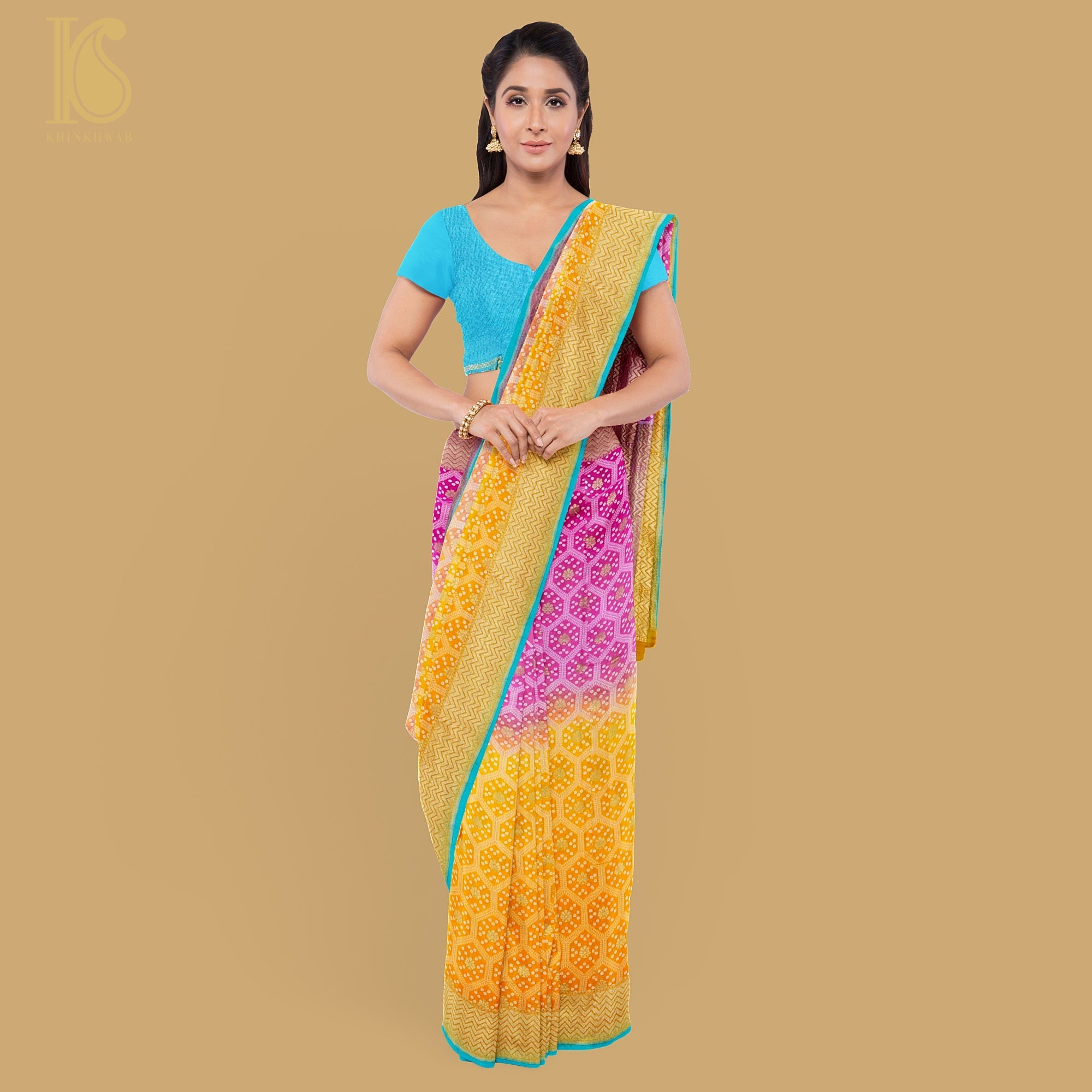 Pink & Yellow Pure Georgette Banarasi Honeycomb Saree - Khinkhwab