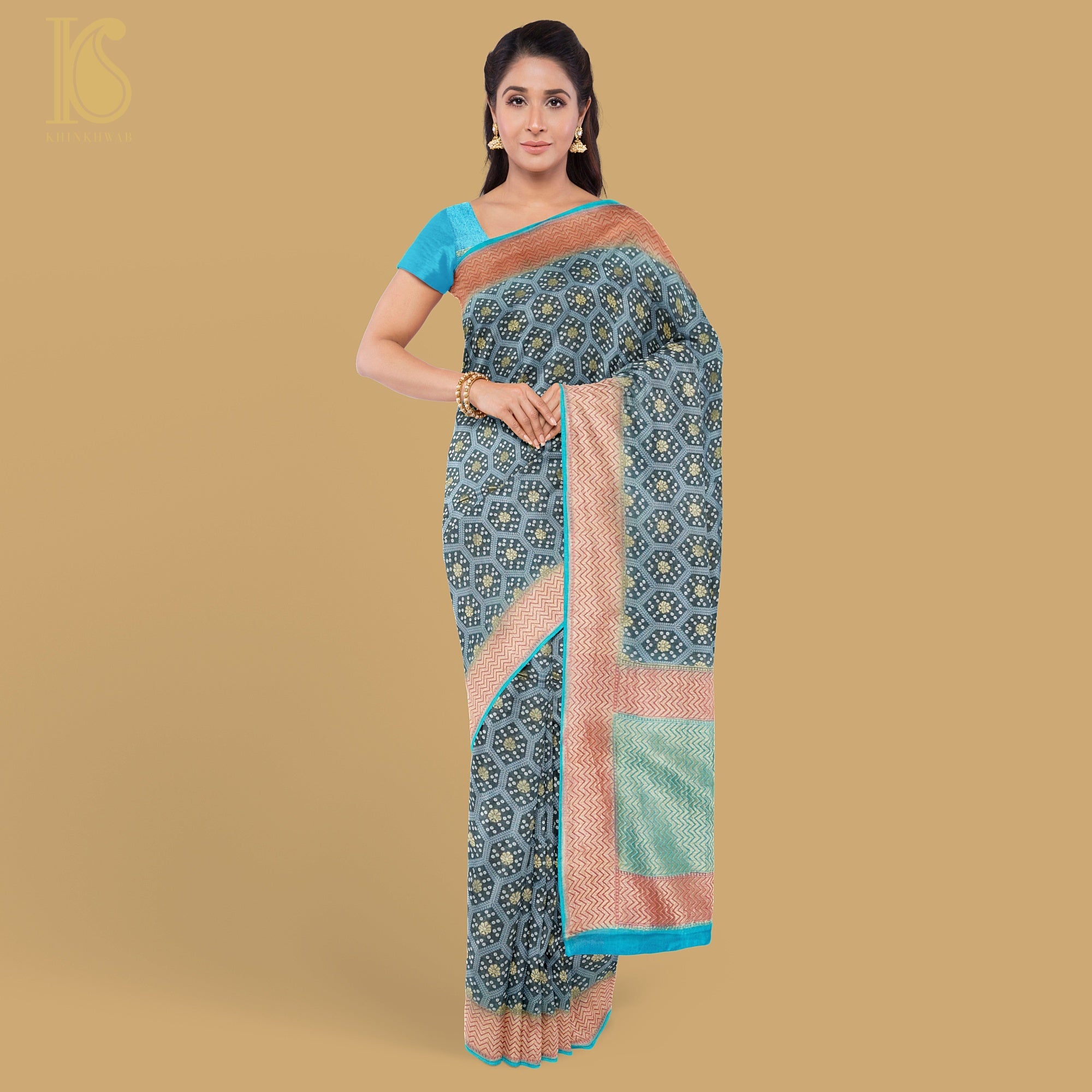 Casal Grey Pure Georgette Banarasi Honeycomb Saree - Khinkhwab
