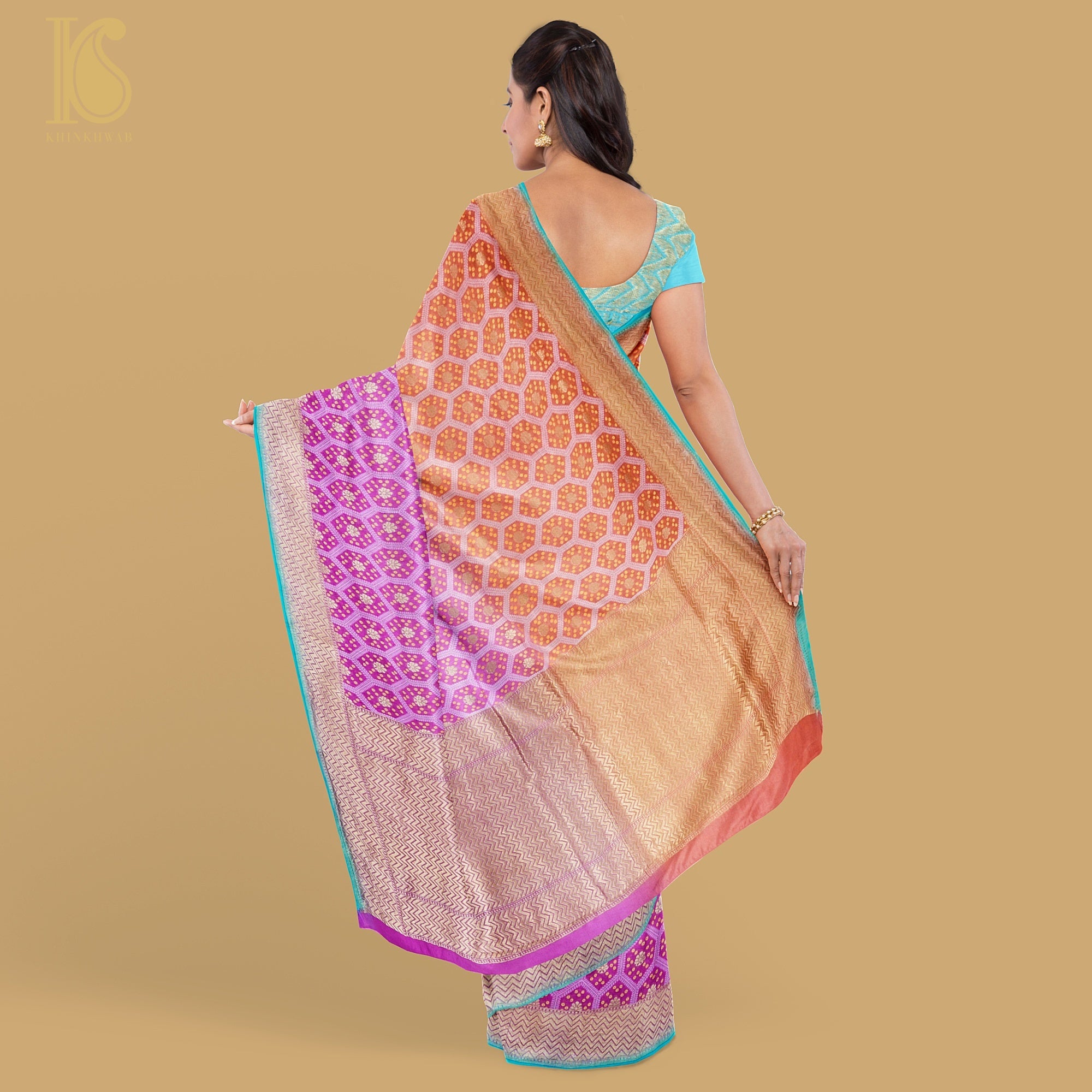 Persian Pink & Orange Pure Georgette Banarasi Honeycomb Saree - Khinkhwab
