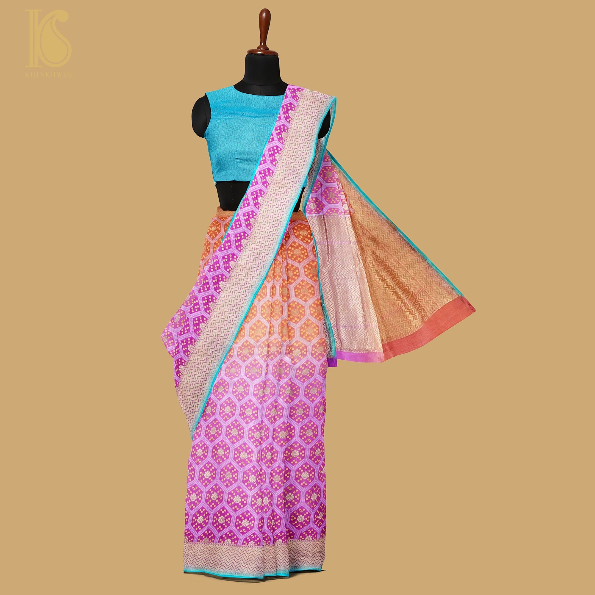 Persian Pink & Orange Pure Georgette Banarasi Honeycomb Saree - Khinkhwab