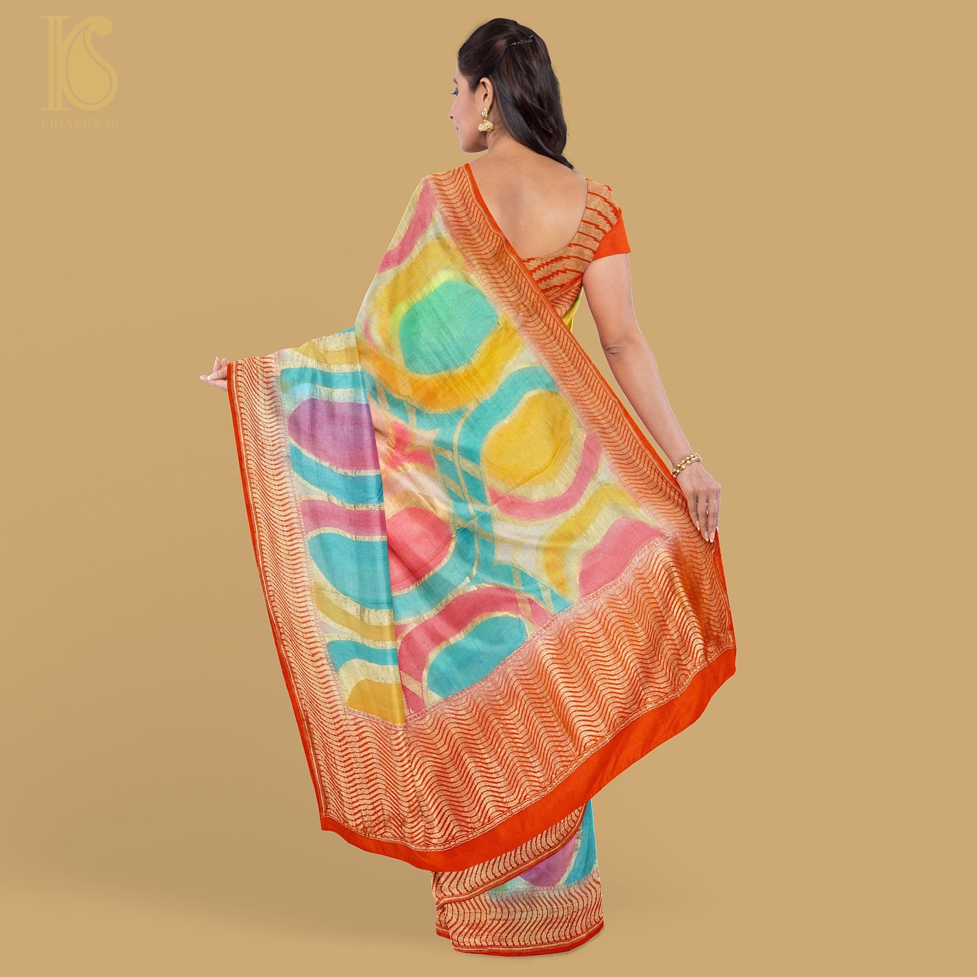 Multicolor Pure Moonga Silk Handloom Banarasi Gemoteric Saree - Khinkhwab