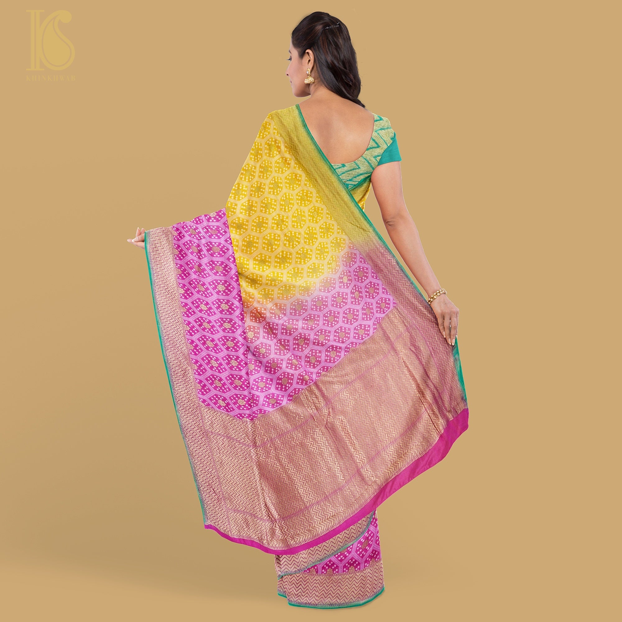 Tea Rose Pink & Yellow Pure Georgette Banarasi Honeycomb Saree - Khinkhwab
