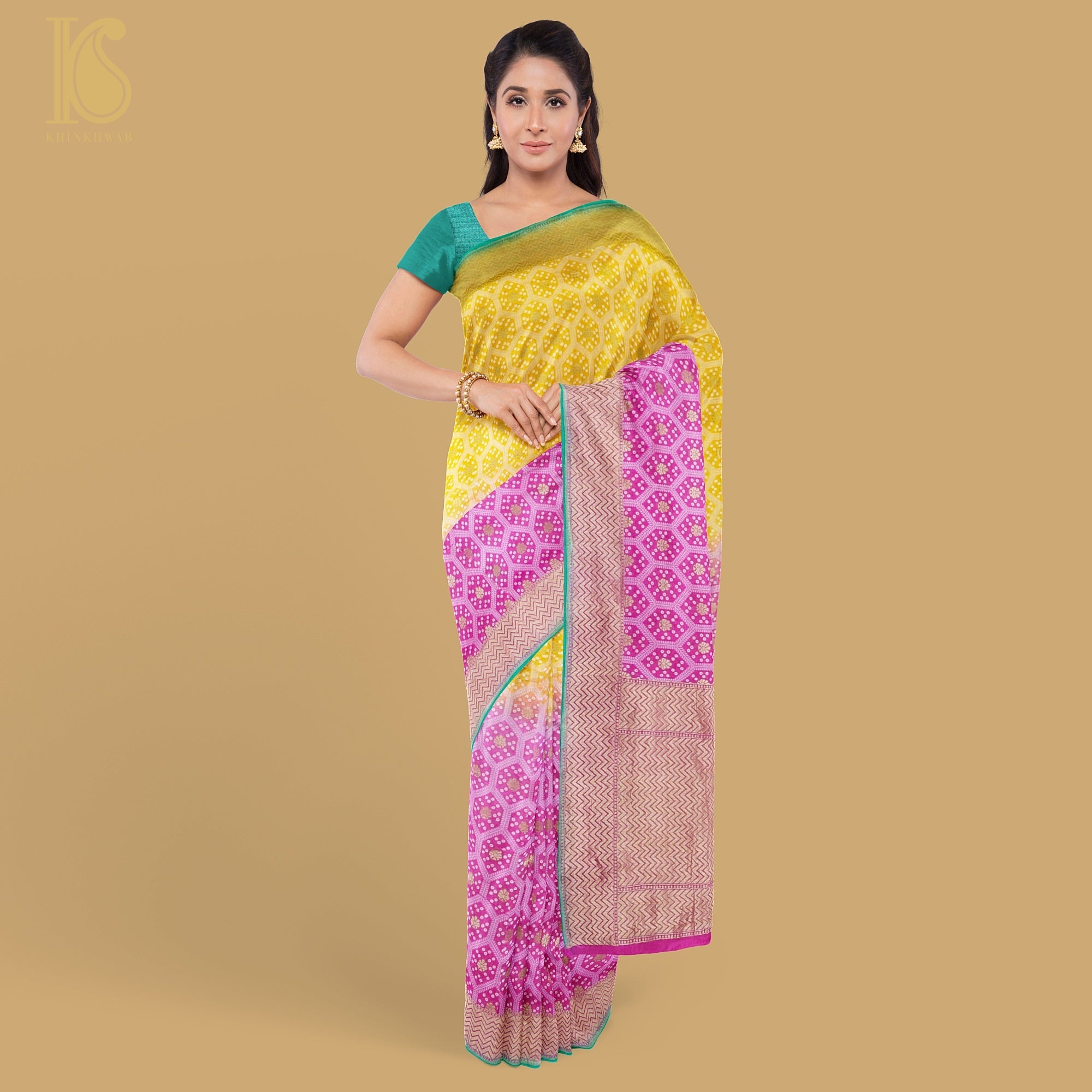 Tea Rose Pink & Yellow Pure Georgette Banarasi Honeycomb Saree - Khinkhwab