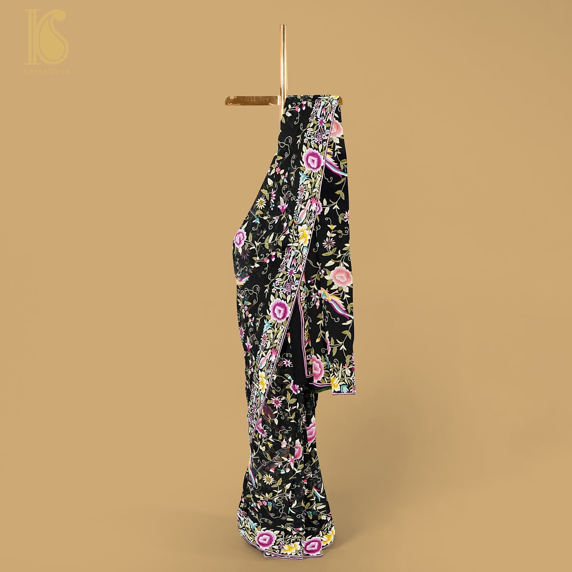 Black Handcrafted Parsi Gara Pure Georgette Jaal Saree - Khinkhwab