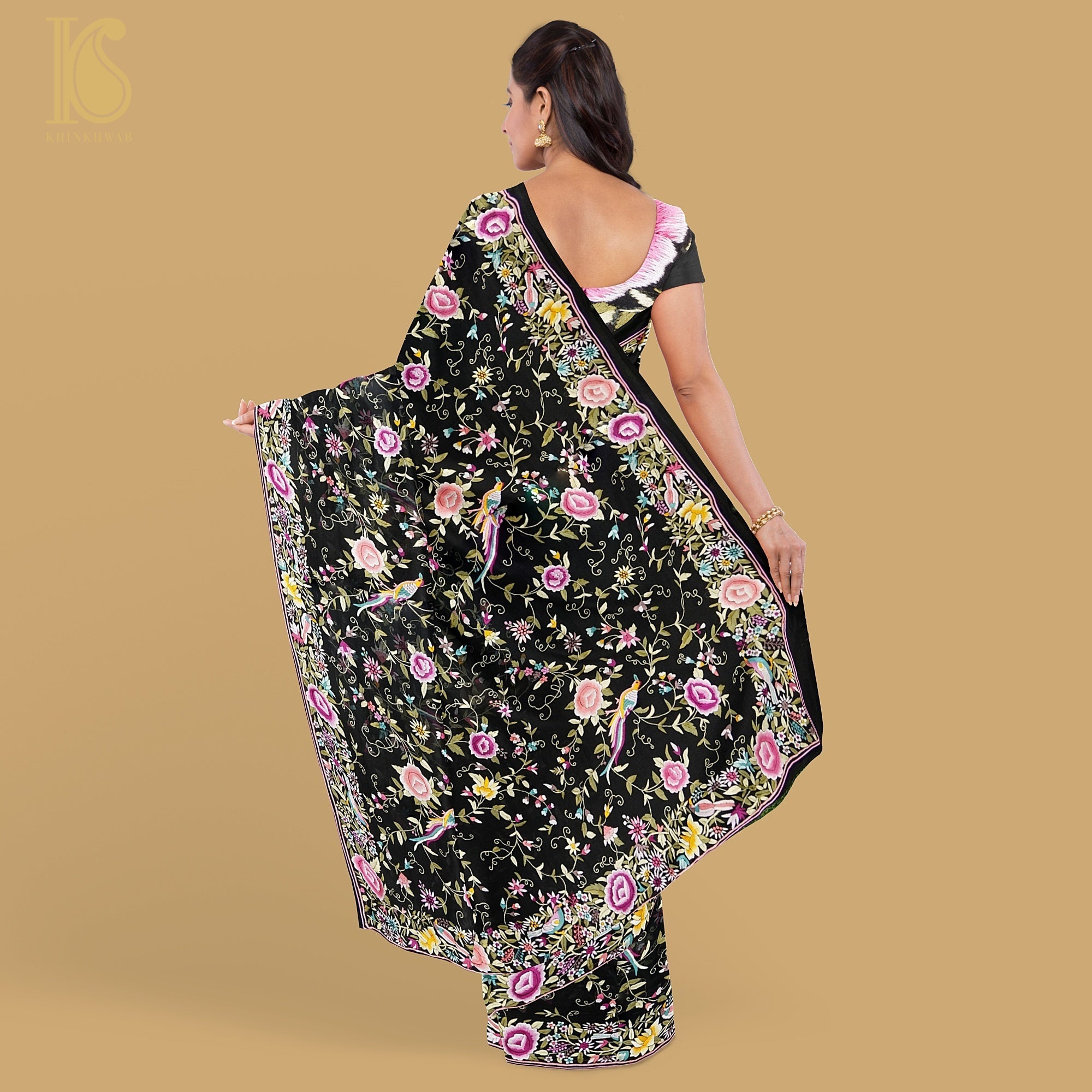Black Handcrafted Parsi Gara Pure Georgette Jaal Saree - Khinkhwab