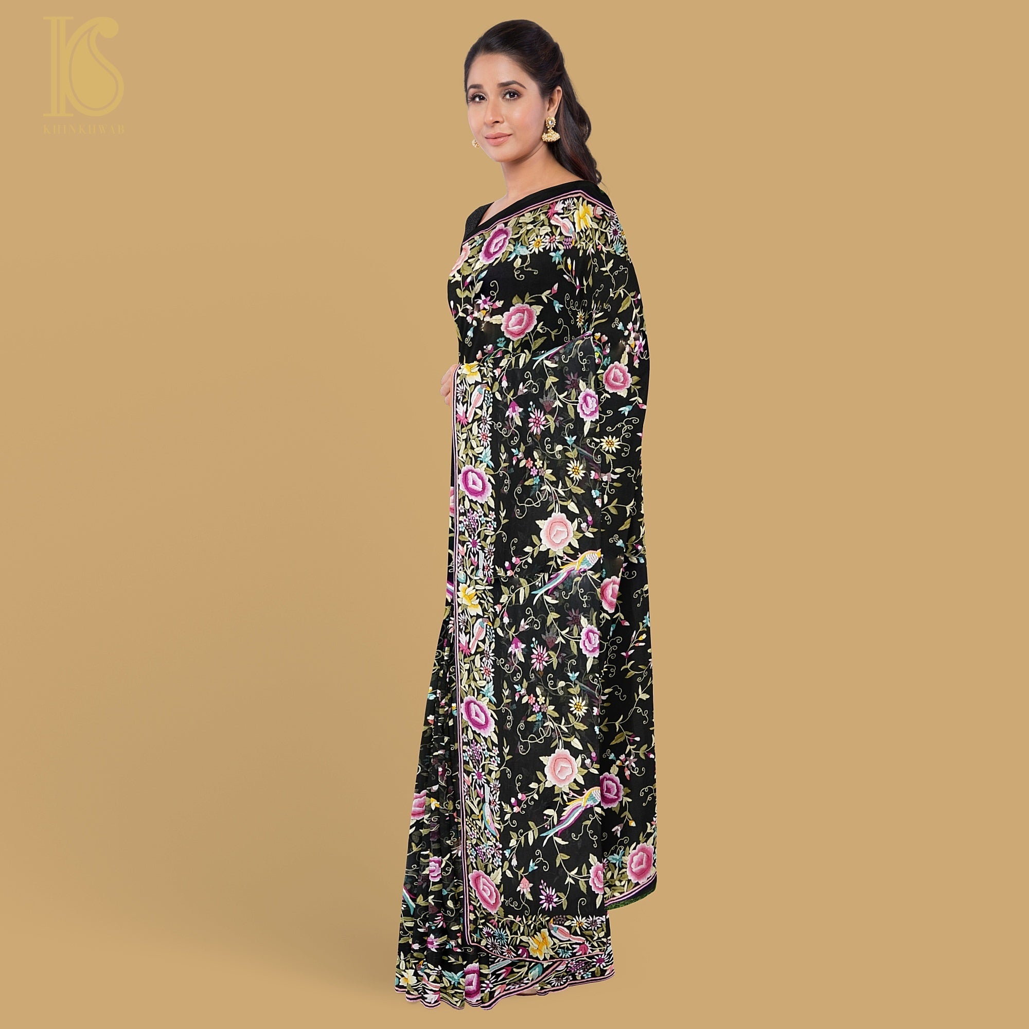 Black Handcrafted Parsi Gara Pure Georgette Jaal Saree - Khinkhwab