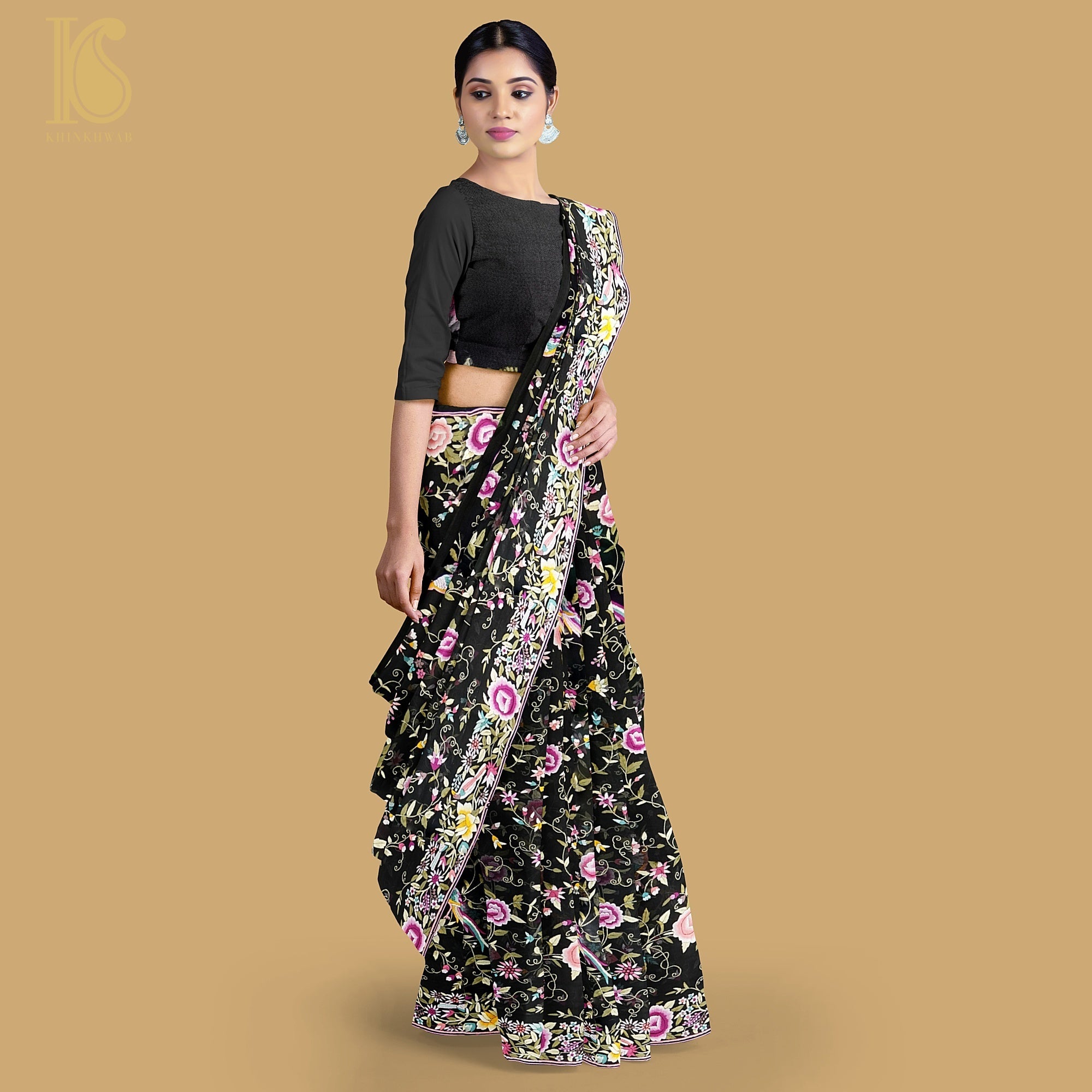 Black Handcrafted Parsi Gara Pure Georgette Jaal Saree - Khinkhwab